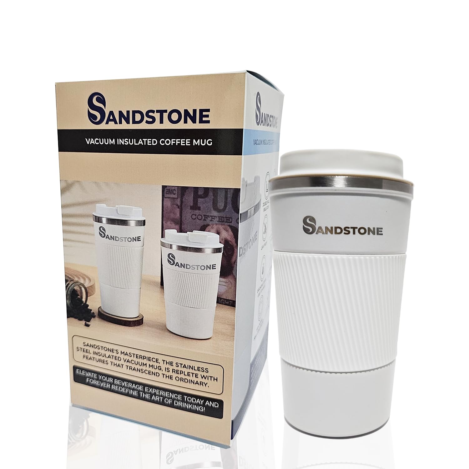 SANDSTONE Travel Vacuum Mug and Insulated Coffee Mug 500ml - Keeps Beverages Hot and Cold for 8 Hours - Stores All Kinds of Beve