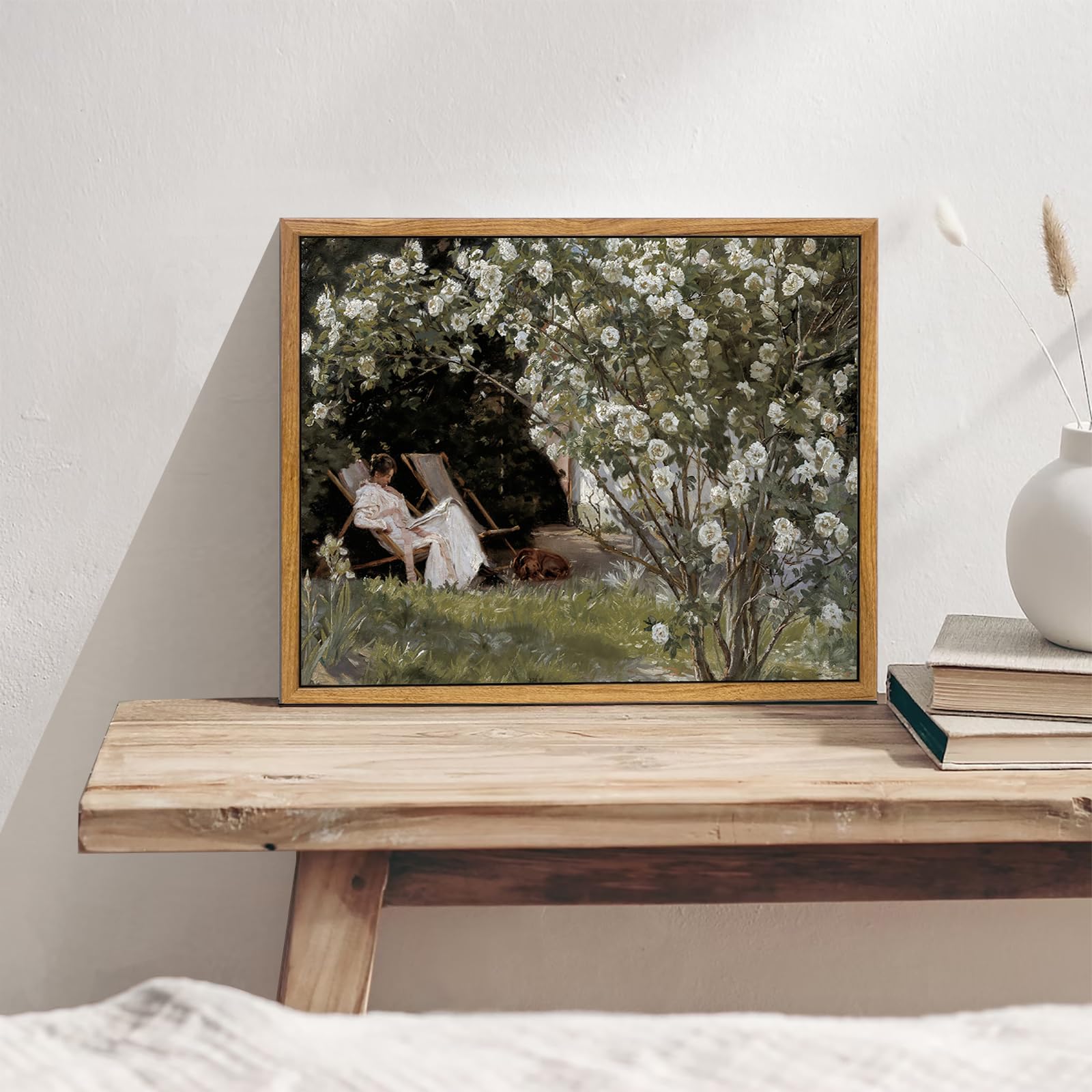 Kbkbart Framed Vintage Canvas Wall Art, Retro French Country Garden Women Flower Classical Painting Bedroom Art Print, Rustic Vi