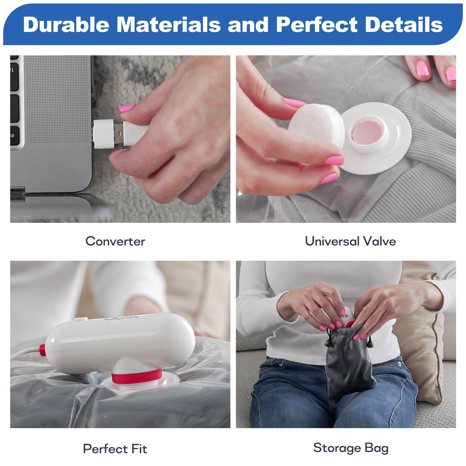 VMstr Travel Vacuum Storage Bags with Electric USB Pump - 8 Combo Size, Polypropylene & Polyamide Material