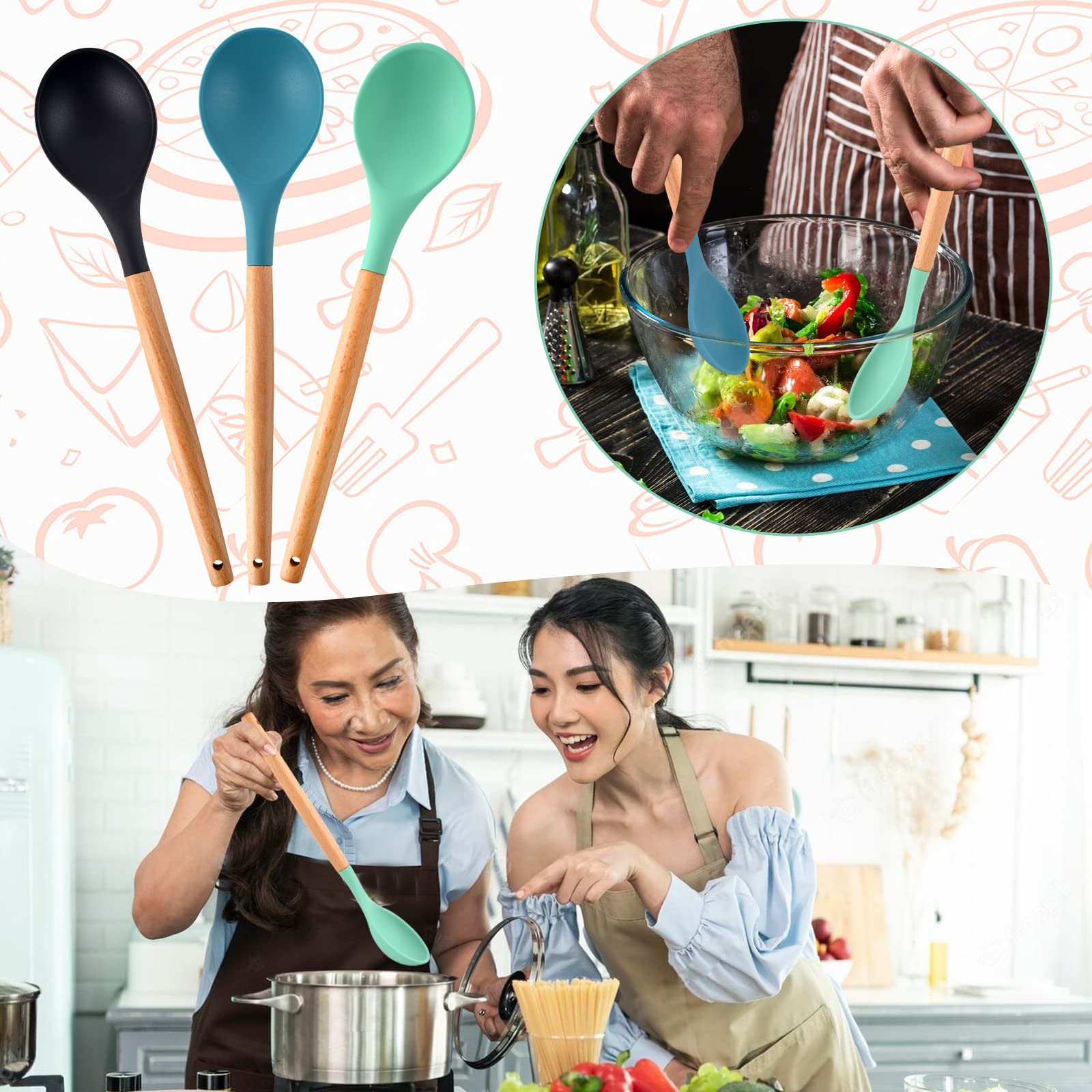 3 Pcs Large Silicone Spoon Wooden Handle Wood Handle Mixing Spoons Silicone Mixing Spoon For Cooking Baking Stirring Silicone Sp