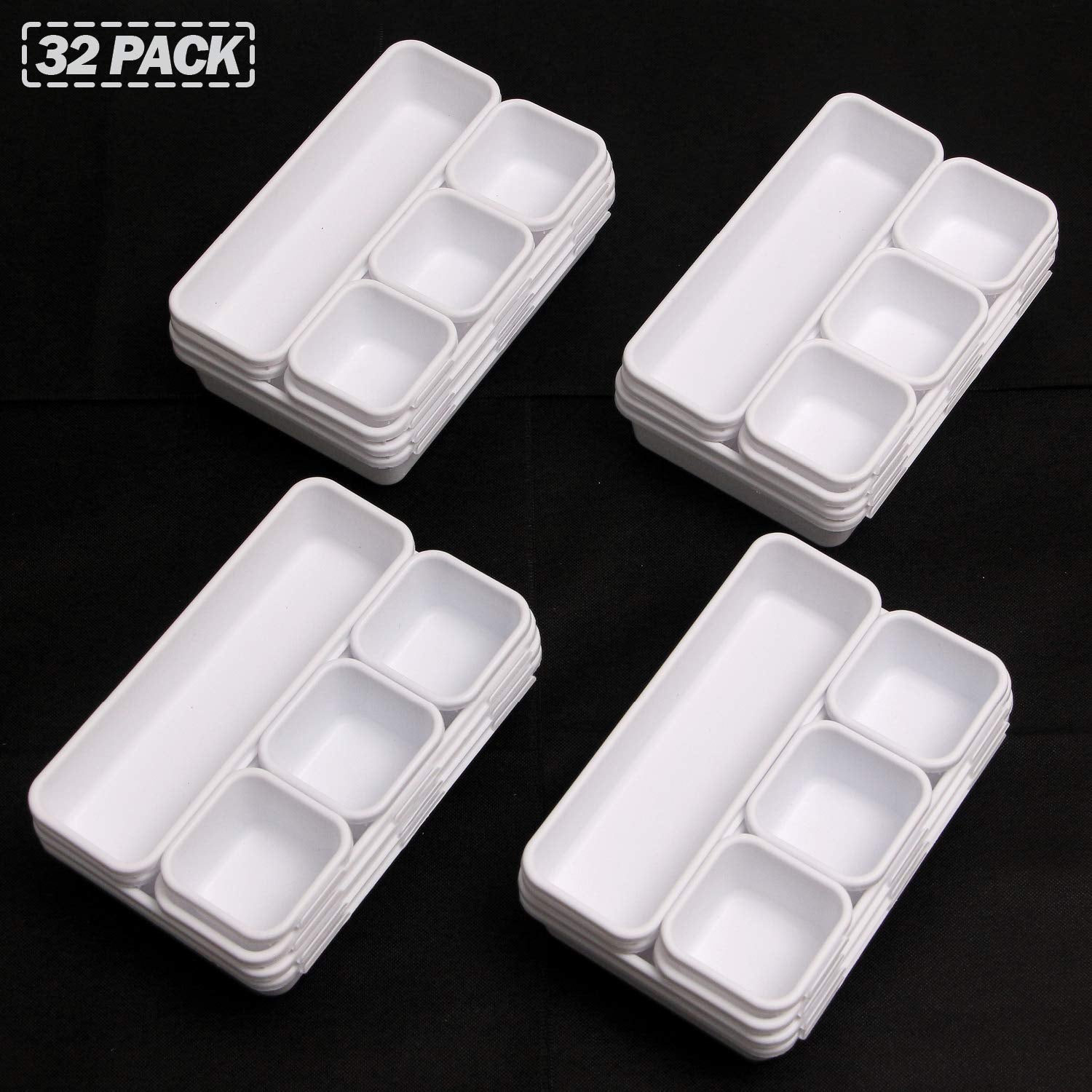 Set of 32 Interlocking Desk Drawer Organizer Tray Dividers Plastic Shallow Narrow Drawers Organizers Separators Storage Bins Con