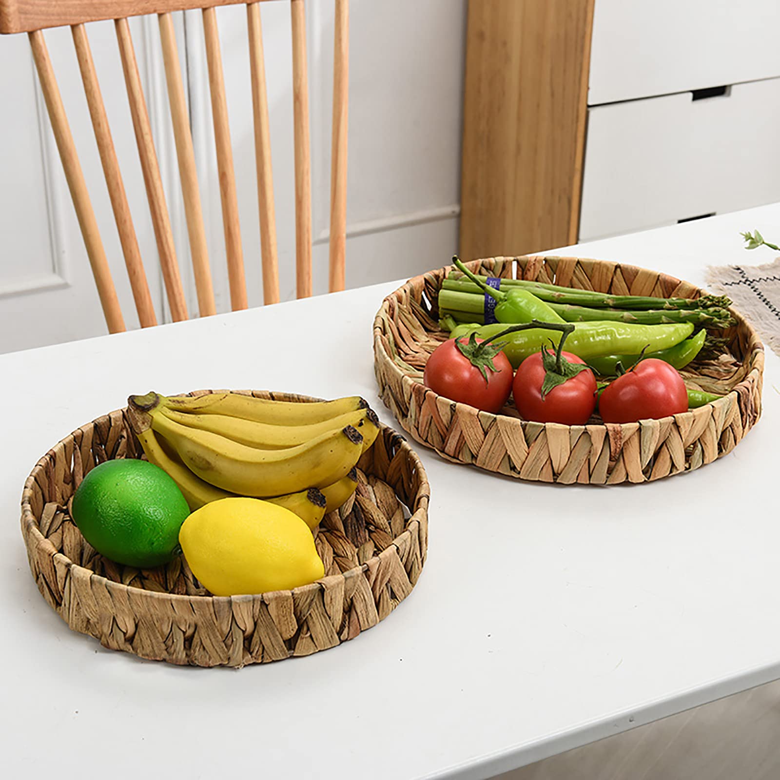 Cedilis Set Of 3 Grass Round Fruit Tray, Hand Woven Decorative Storage Basket Tray For Decor Home Kitchen, 11.8'', 10'', 7.8''