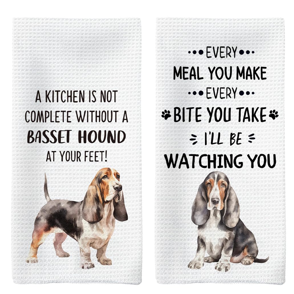 Tzhim Basset Hound Kitchen Towels Set of 2, Basset Hound Gifts, Bassethound Dog Decorative Hand Towels, Dog Dishcloths Dish Towe