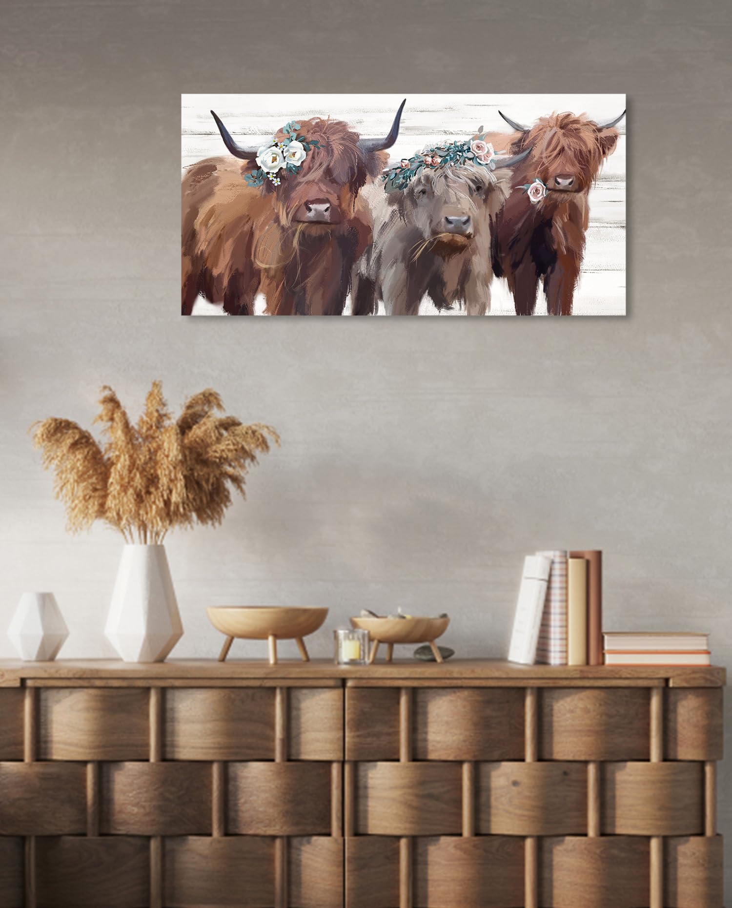 Highland Cow Canvas Wall Art: Cow Floral Picture Farmhouse Kitchen Decor Funny Animal Long Haired Scottish Cow Paintings Framed