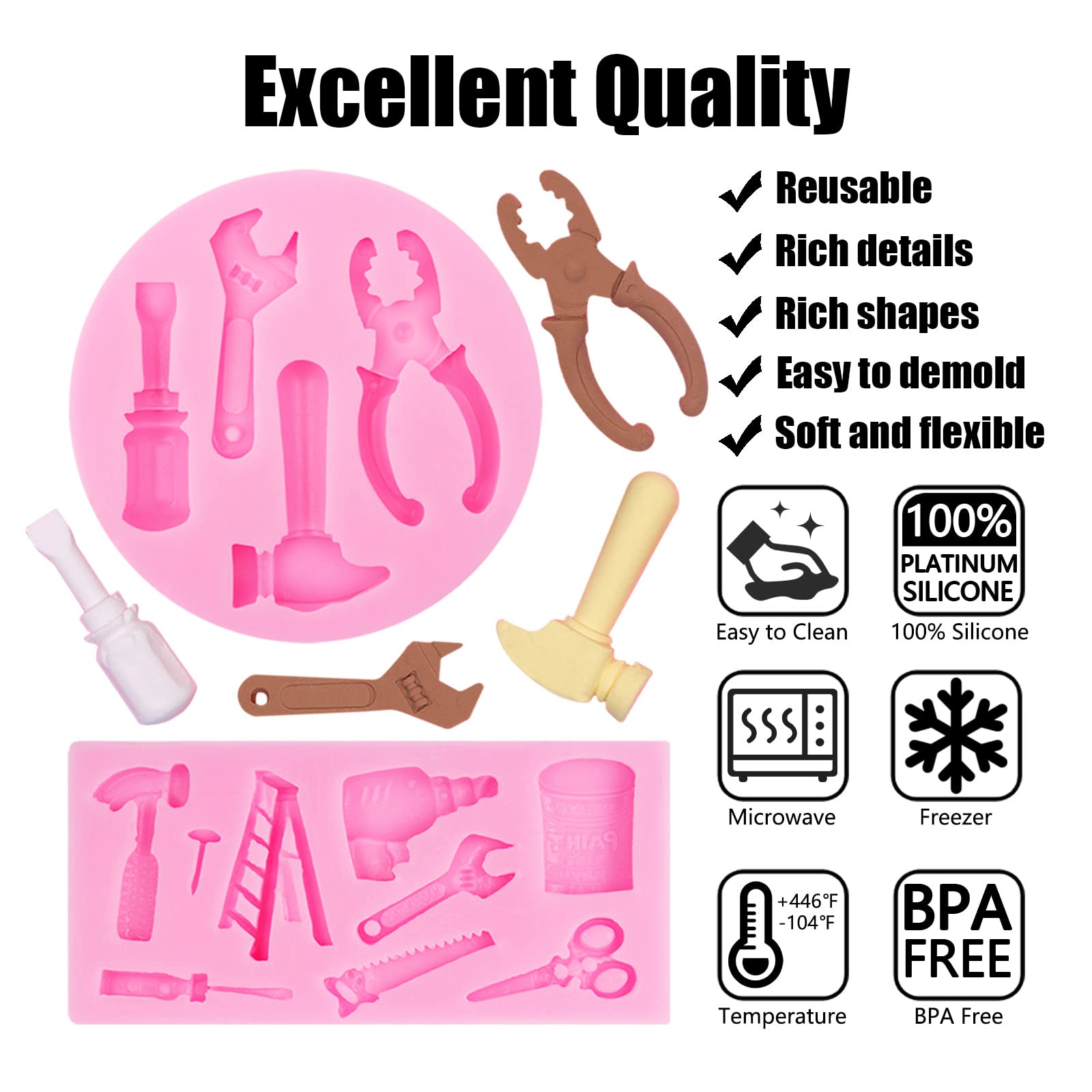Hand Tools Silicone Molds 4 Pcs, Mini Construction Tools Chocolate Fondant Molds For Cupcake Toppers Mini Cake Decorating Candy