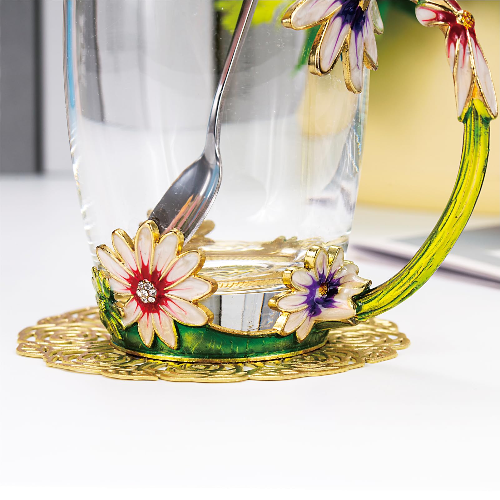 Flower Tea Cup ,Daisy Flower Clear Glass Fancy Coffee Mug with Spoon,Gift Box for Her Mom Wife Grandma Girls Friends Valentines