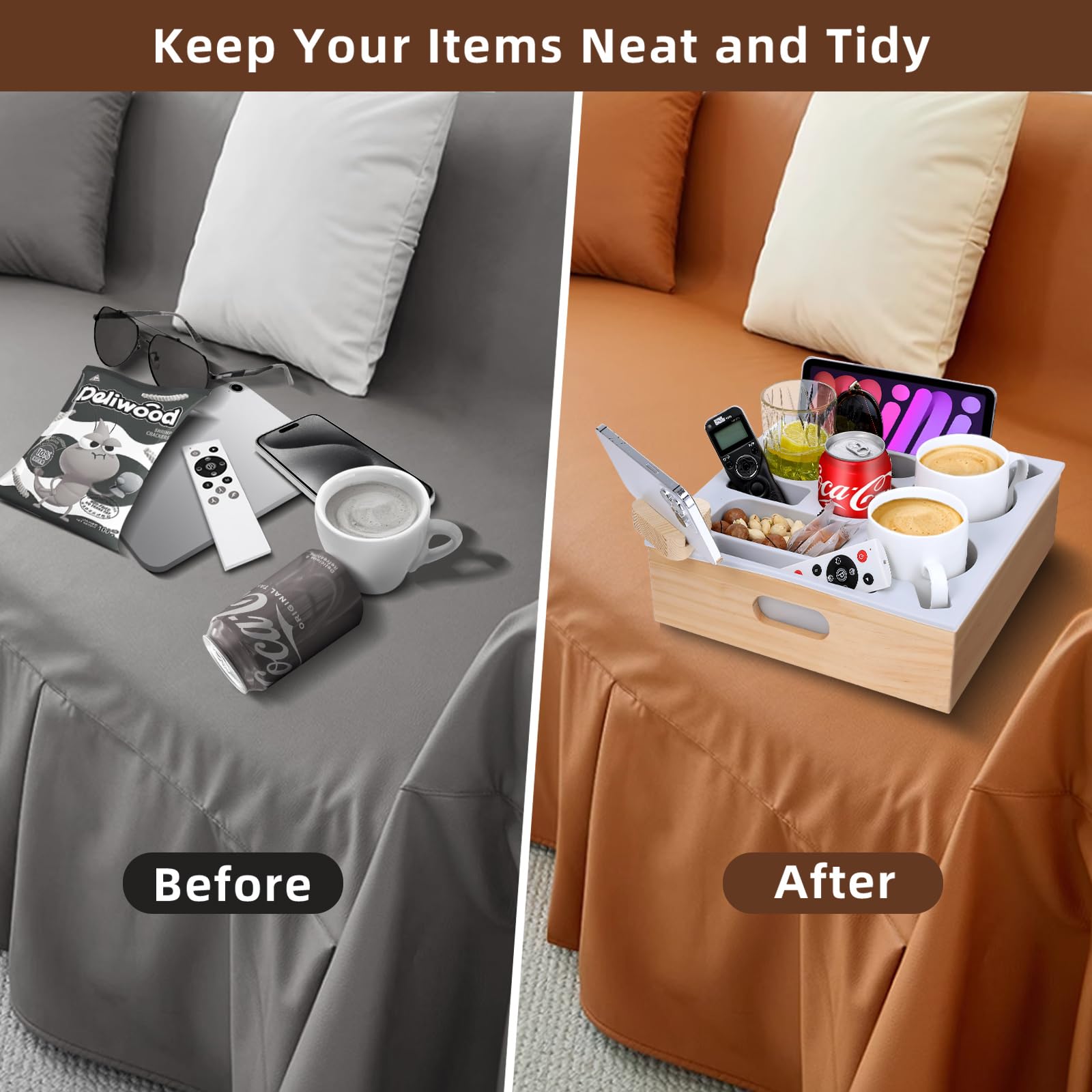 Couch Cup Holder, Couch Caddy With Rotatable Phone Holder, Wooden Sofa Cup Holder With Carrying Handle For Bed Car Beach Organiz