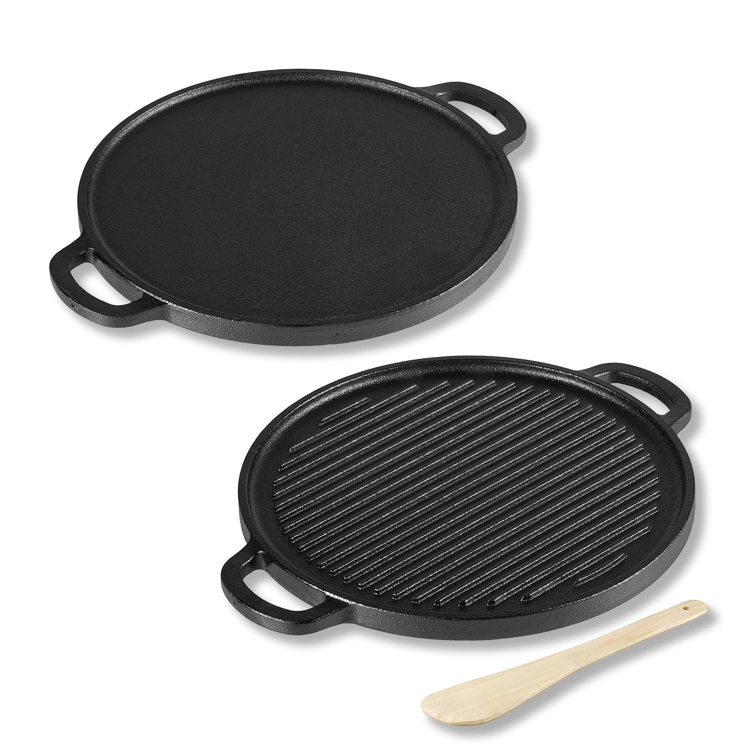 Lifelong Cast Iron 2-In-1 Dosa Tawa & Grill With Wooden Spatula (30Cm) | Double-Sided Tawa/Pan For Roti, Dosa, Chapati, Fish & S