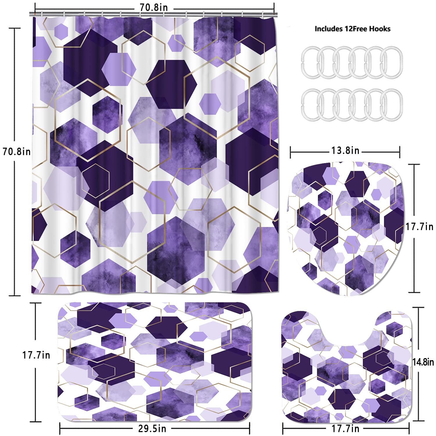 Lqcool 4Pcs Purple Shower Curtain Set Marble Grain Geometric Bathroom Set Lavender Abstract Bathroom Curtain Set With 12 Hooks,