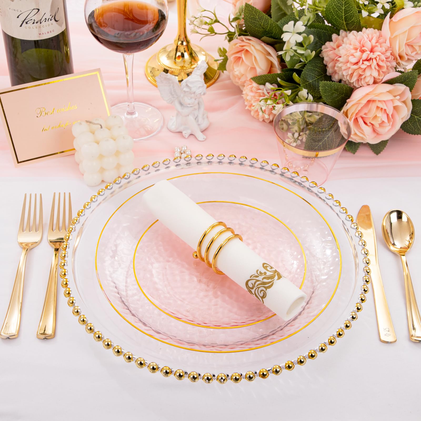 Rubtlamp 175 Pcs Pink Plastic Plates Dinnerware Set (25 Guests), Pink Disposable Plates With Gold Rim, Hammered Party Plates Set