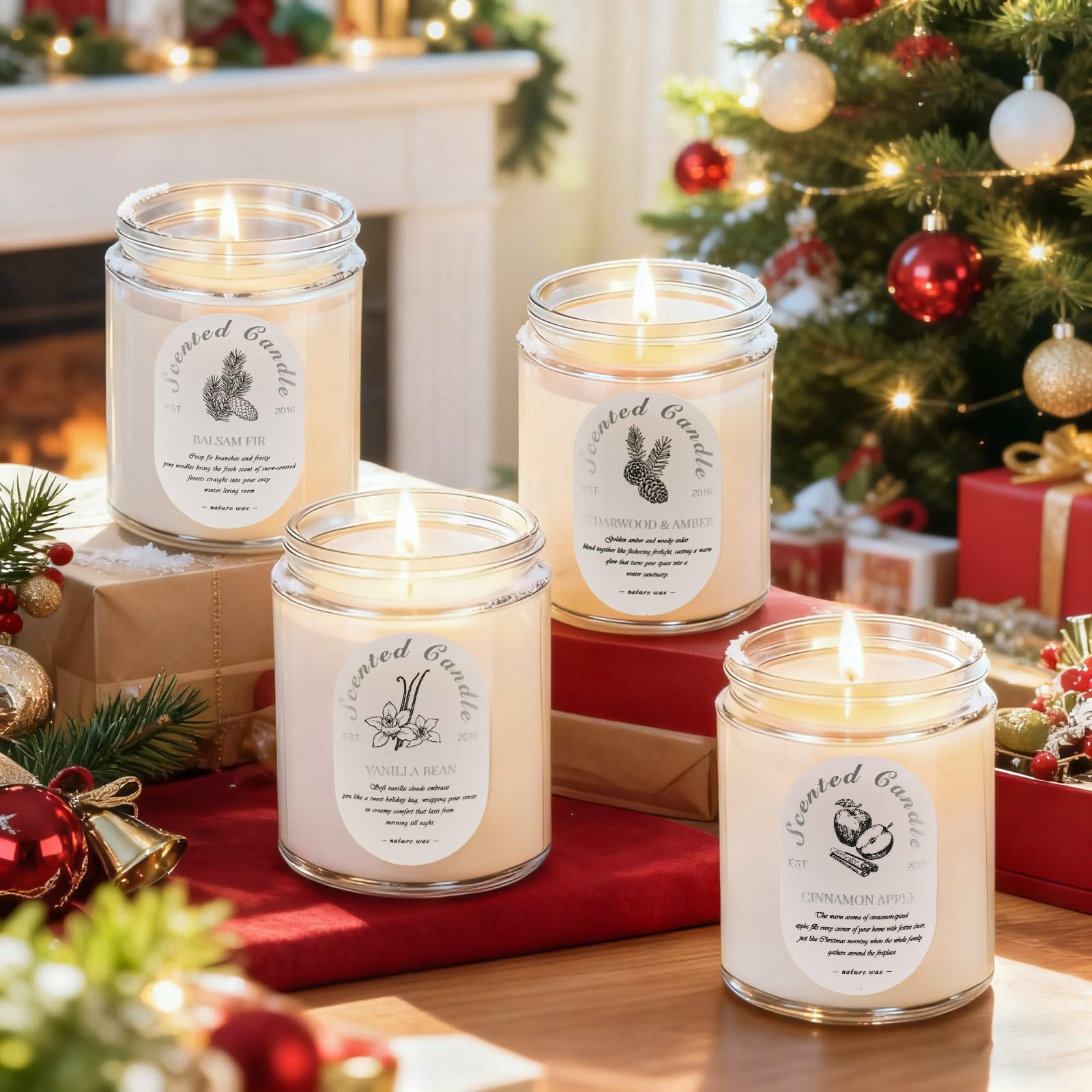 Winter Candle Gift Set, 4 Pack 28oz Soy Wax Scented Candles for Home - Cinnamon Apple, Balsam Fir, Vanilla Bean, Cedarwood & Amb