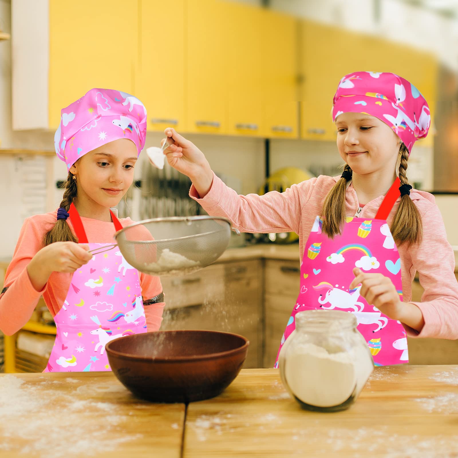 Sylfairy Aprons For Kids Girls Rainbow Unicorn Apron Children Kitchen Chef Aprons Smock (Pink+Rose Red, Small,3-5Years)