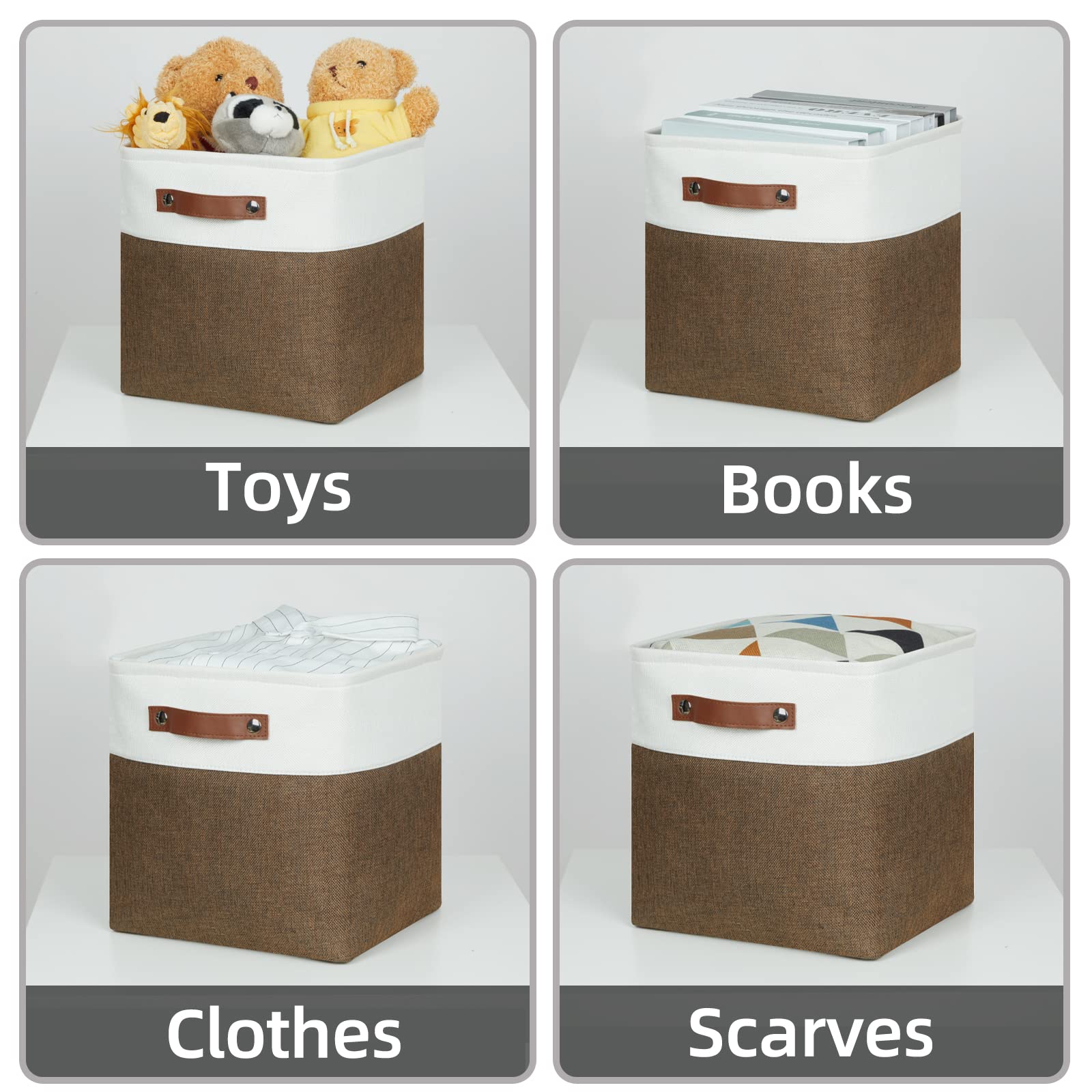 HNZIGE Fabric Baskets Storage Cubes Baskets Set(4 Pack) Large Cube Baskets for Shelves 13x13x13 Storage Cube Bins for Storage with Leather Handles for Home  Toys  Clothes  Kids Room  Closet Storage(White&Beige)