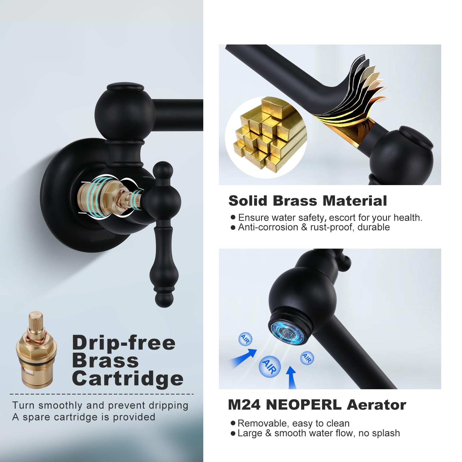 Wowow Pot Filler Wall Mount Copper Faucet Matte Black Pot Filler Faucet Rotatable Faucet Brass Kitchen Faucet 2 Handle Stretchab