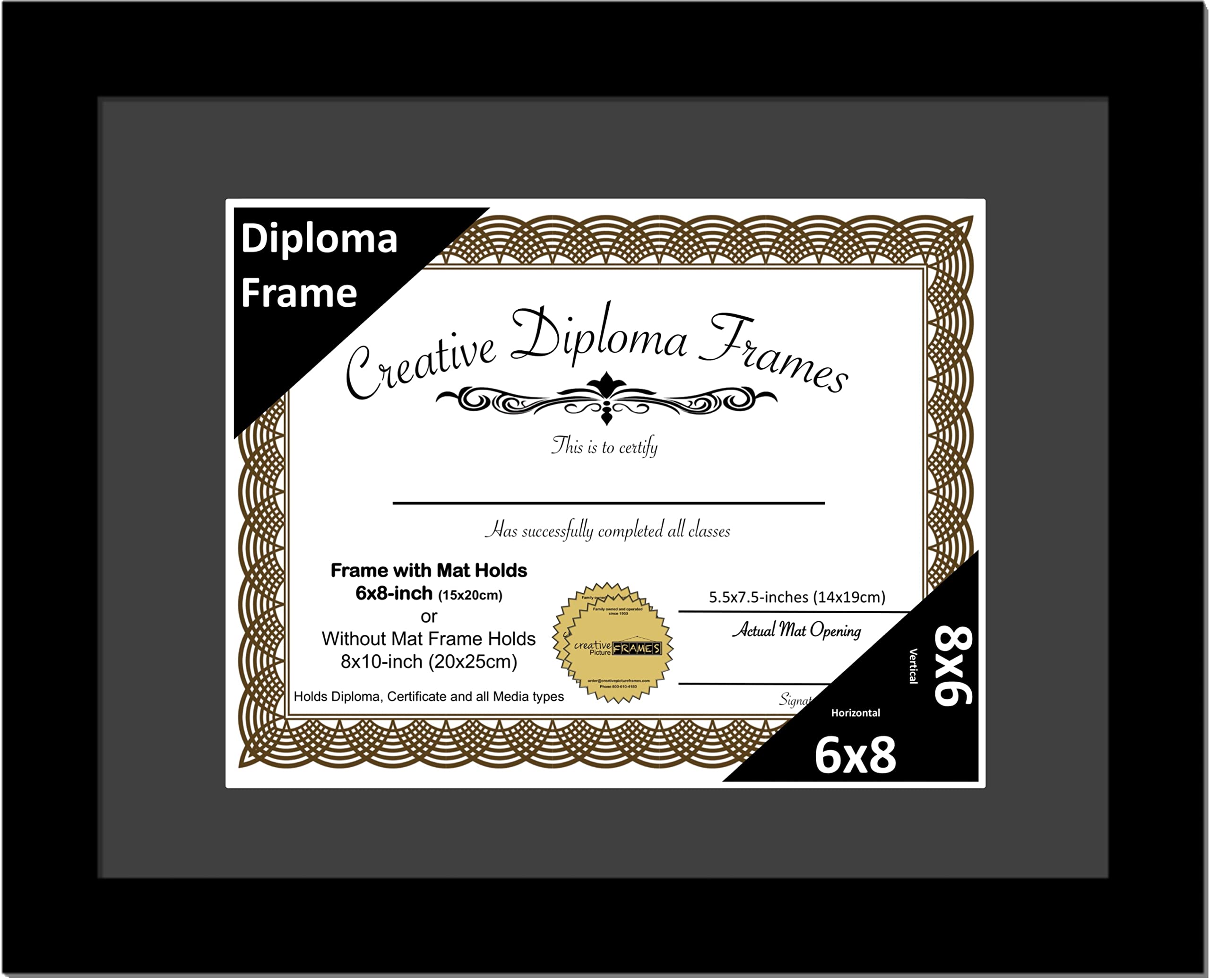 Creative Picture Frames 6x8 Classic Black Diploma Frame with Black Mat Glass Easel and Installed Wall Hangers | Frame Holds 8x10