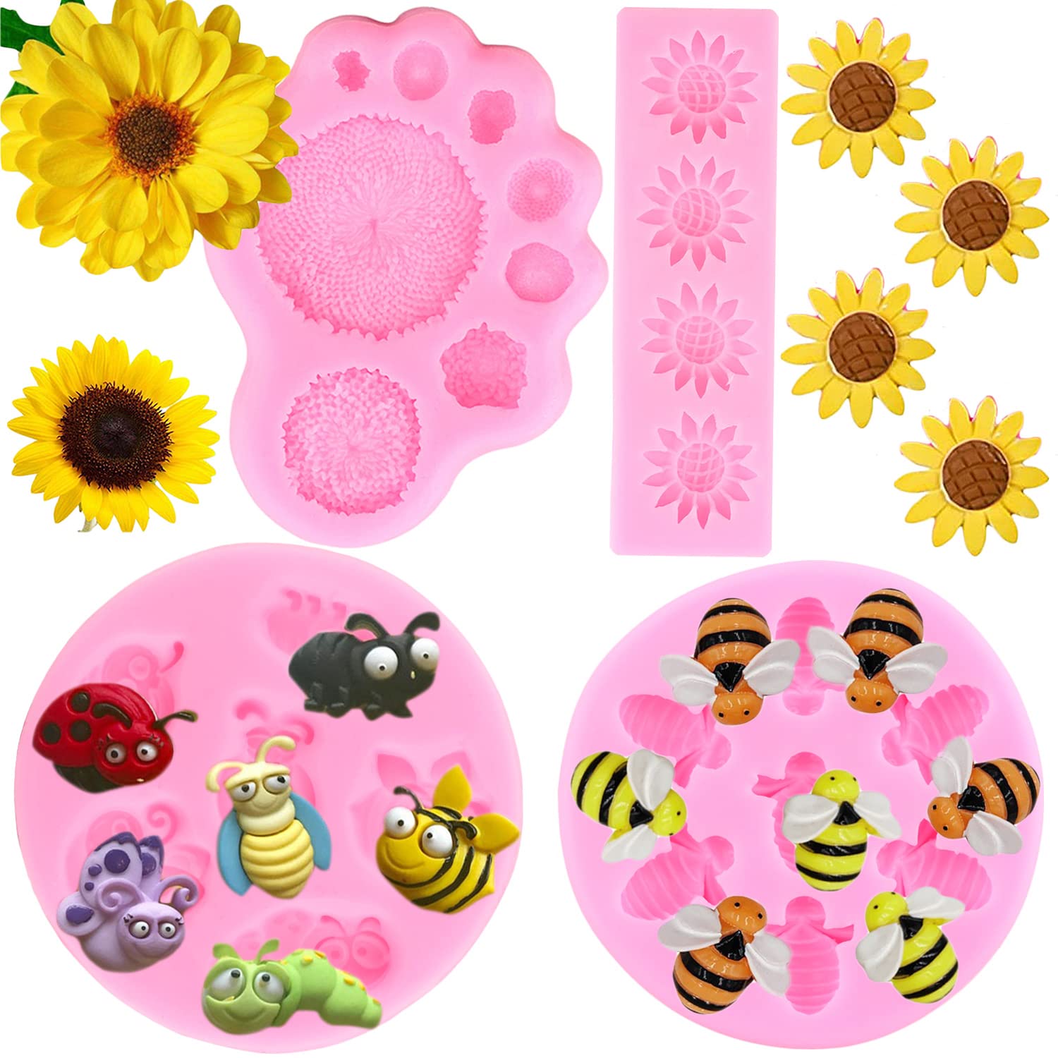 Mujiang Sunflower Silicone Fondant Molds Flower Bumble Bee Mold For Cake Decorating Cupcake Topper Chocolate Gum Paste Candy Pol