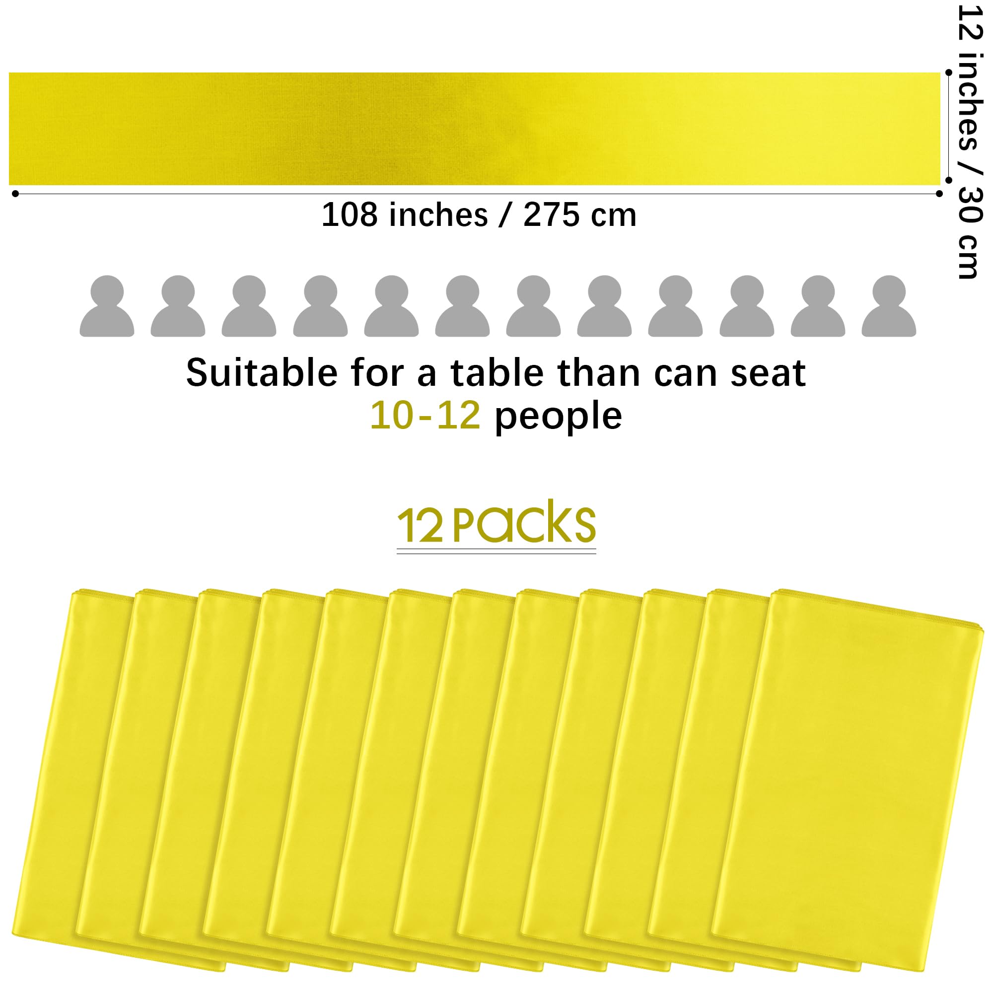 Aneco 12 Pack Satin Table Runner 12 X 108 Inch Yellow Long Wedding Satin Silk Table Runner For Wedding Banquet Graduations Birth