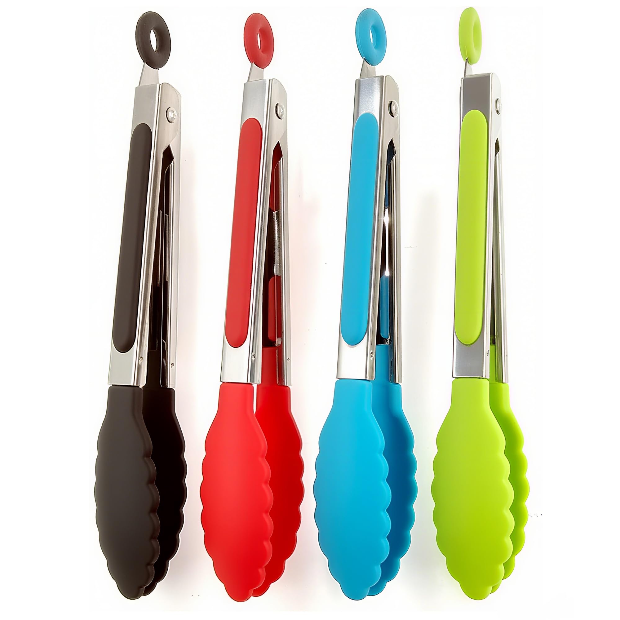 ZHIYE 4Pcs Silicone Tongs, Kitchen Tongs 7    Non-slip & Easy Grip Stainless Steel Handle - Smart Locking Clip - Heat Resistant,