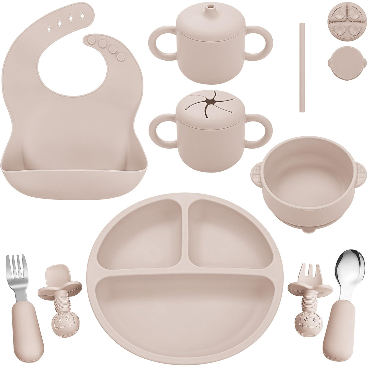 Bufims Silicone Baby Feeding Set, Baby Led Weaning Supplies, Eating Essentials Utensils with Suction Plate and Bowl, Pocket Bib,