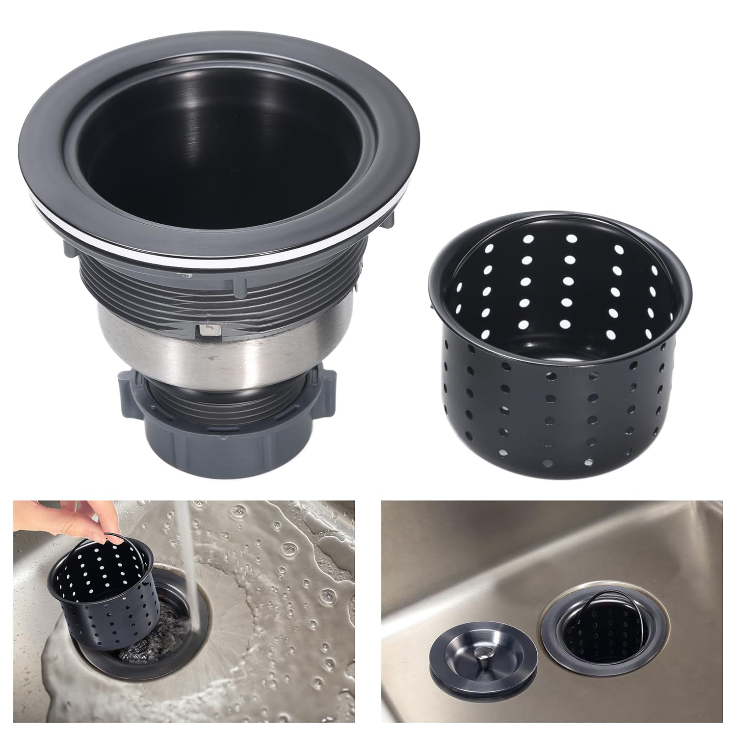 Kitchen Sink Drain 3-1/2 Inch Black Sink Drain Assembly Kit  Removable Deep Sink Strainer Basket with Sink Stopper/Sealing Lid for Home  Kitchen  Stainless Steel