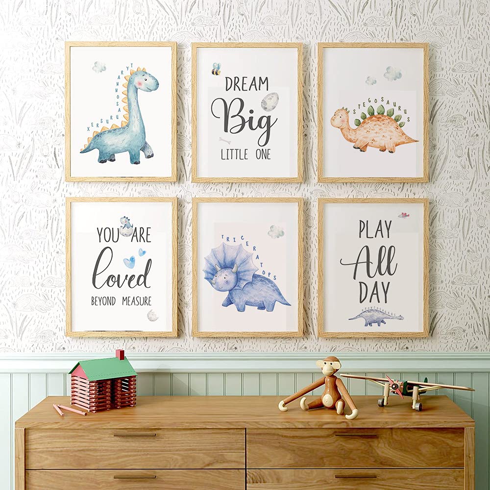 Suuura-Oo Dream Big Cute Baby Dinosaur Watercolor Art Print, Set Of 6 (8   X10   ) Dinosaur Inspirational Decor, Dinosaur Love Q
