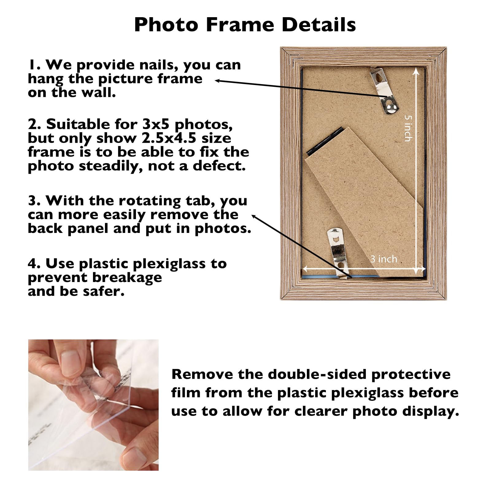 JCJMY 3x5 Picture Frame for Tabletop, 3 x 5 Photo Frame with Shatter Resistant Plexiglass, Sturdy 3 by 5 Poster Frame, Rustic Br