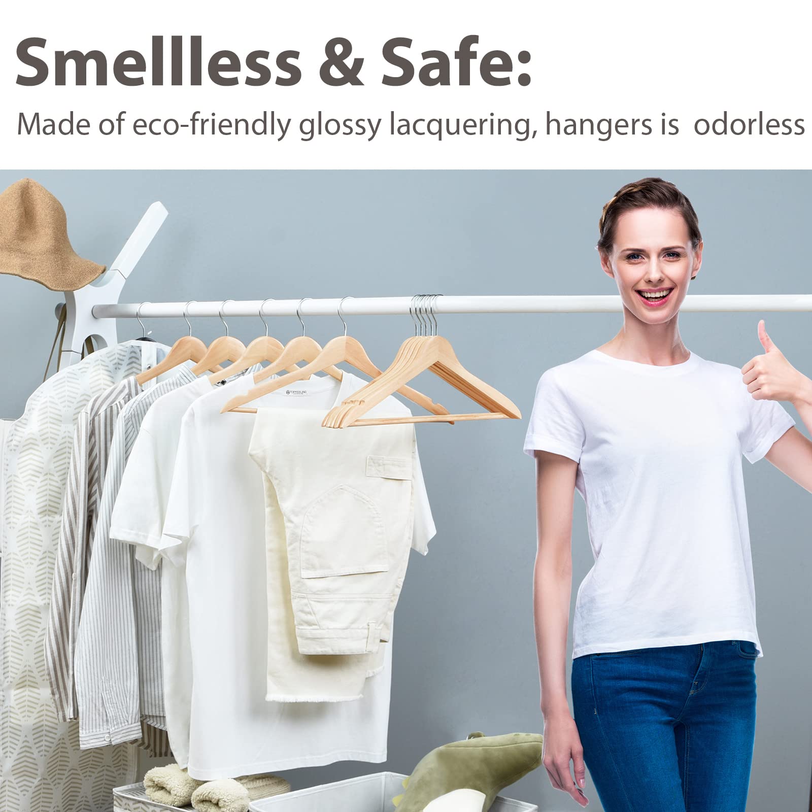 Edergoo Wooden Hangers, 30 Pack Wood Hangers With 360-Degree Rotatable Hook And Non Slip Pants Bar, Smooth Finish Coat Hangers F