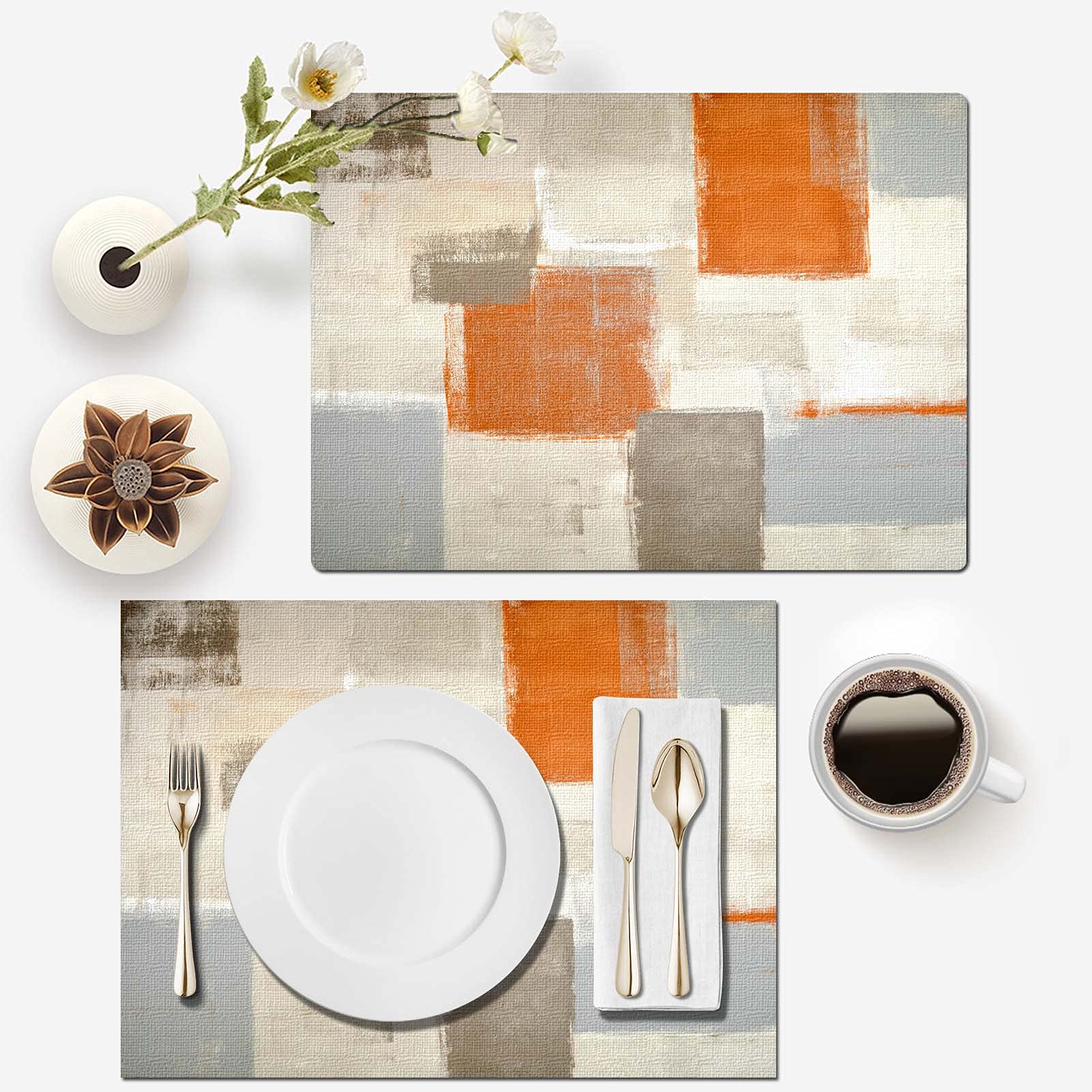 Mcalk Farmhouse Orange Table Runner And Placemats Set Of 6 Pieces, Brown Placemats Modern Art,Grey Abstract Art Cloth Place Mats