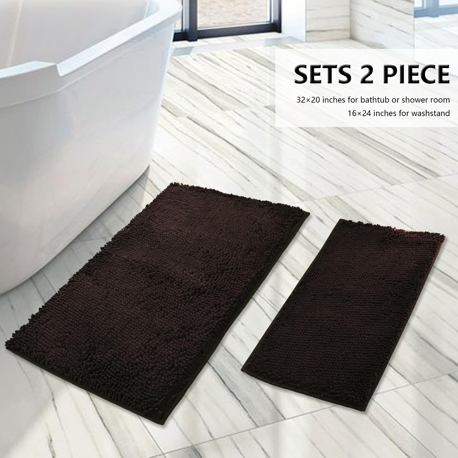Bathroom Rugs Sets 2 Piece, Extra Soft Chenille Bath Mat Ultra Absorbent Bathroom Rug, Bathroom Mat With Sturdy Pvc Non-Slip Bot