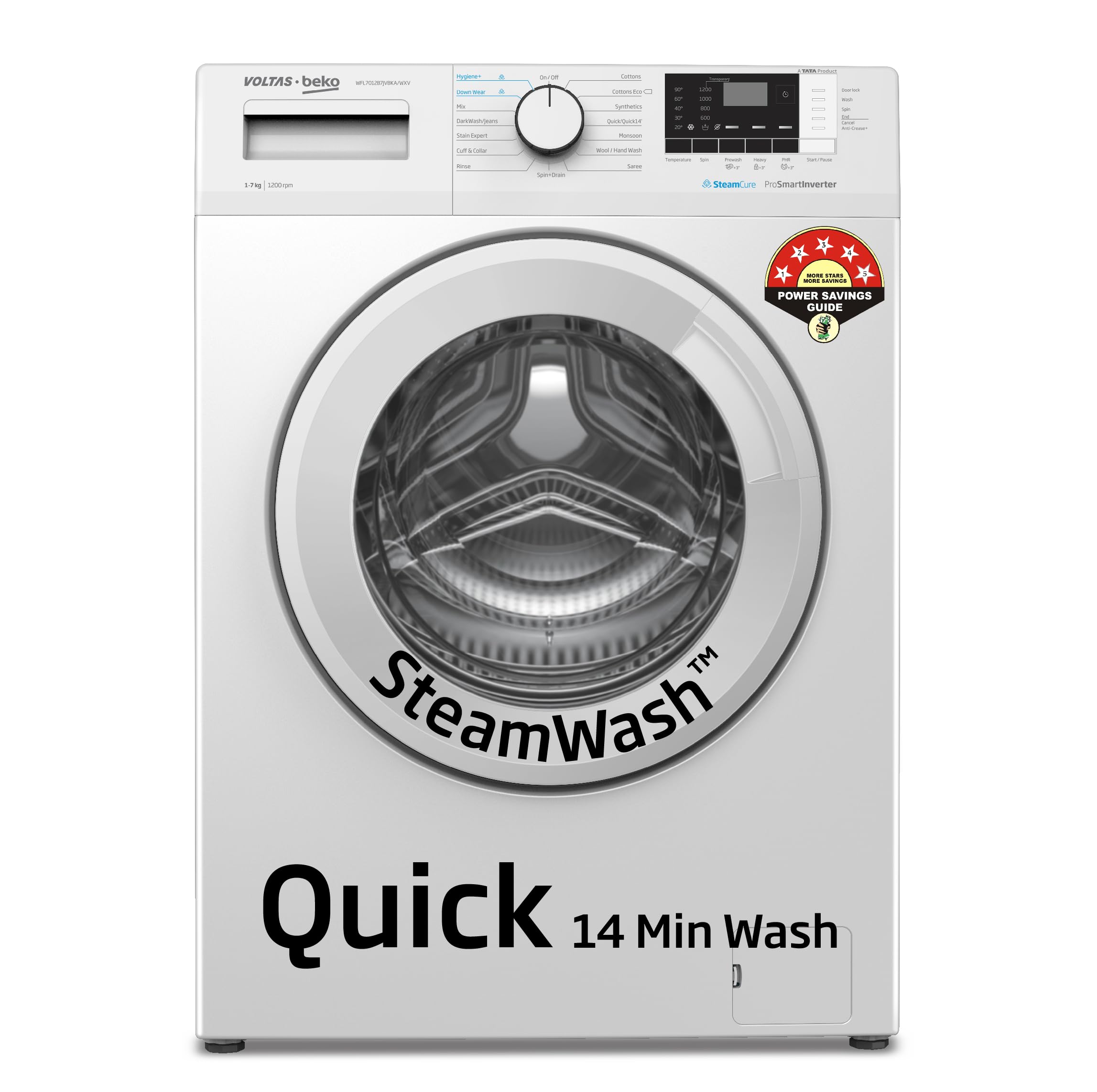 Voltas Beko, A Tata Product 7 Kg 5 Star Inverter, Quick 14Min Wash Fully Automatic Front Load Washing Machine (Wfl7012B7Jvbka/W