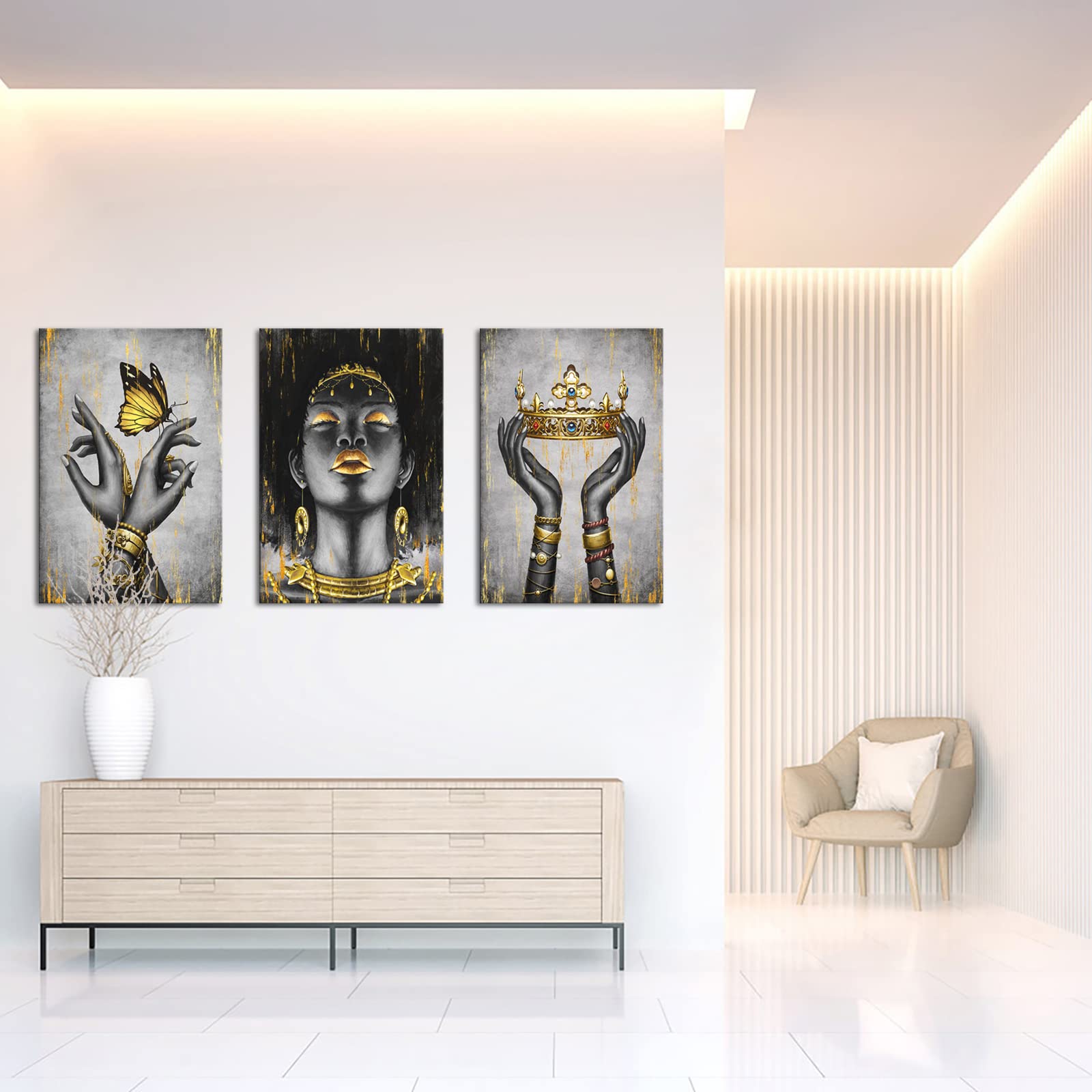 Welmeco African American Cavnas Wall Art Elegant Black Woman With Gold Necklace Crown Butterfly Painting Fashion Charming Woman