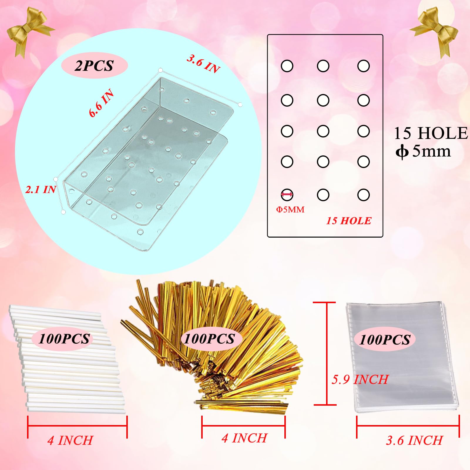 Aongch 2Pcs Cake Pop Display Stand With 300 Pcs Cake Pop Sticks And Wrappers Kit, 15 Hole Clear Acrylic Lollipop Holder For Wedd