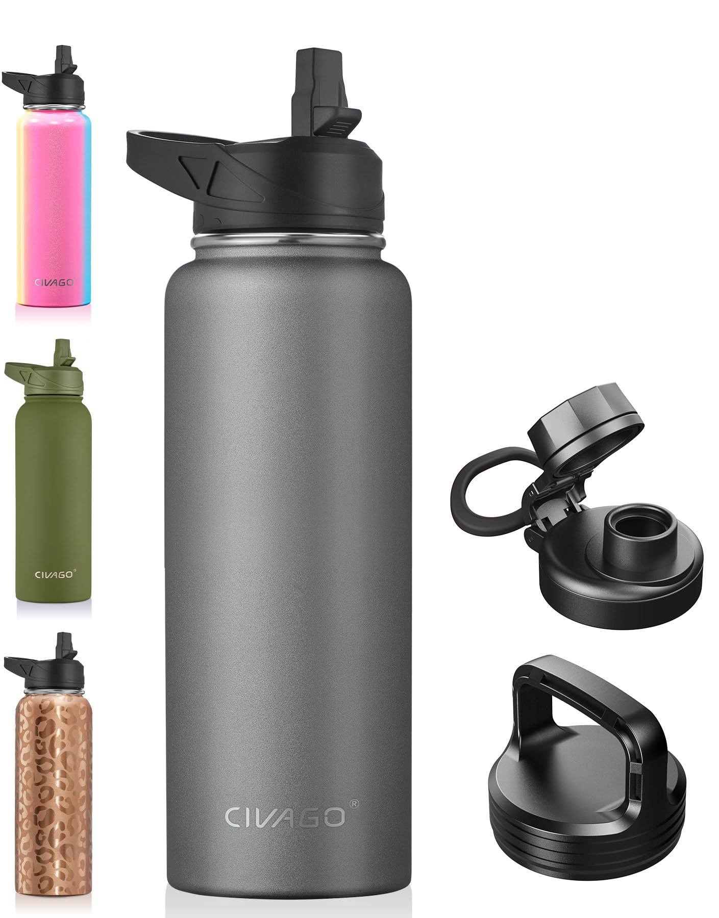 Civago 40 Oz Insulated Water Bottle With Straw, Stainless Steel Sports Water Flask Cup With 3 Lids (Straw, Spout And Handle Lid)