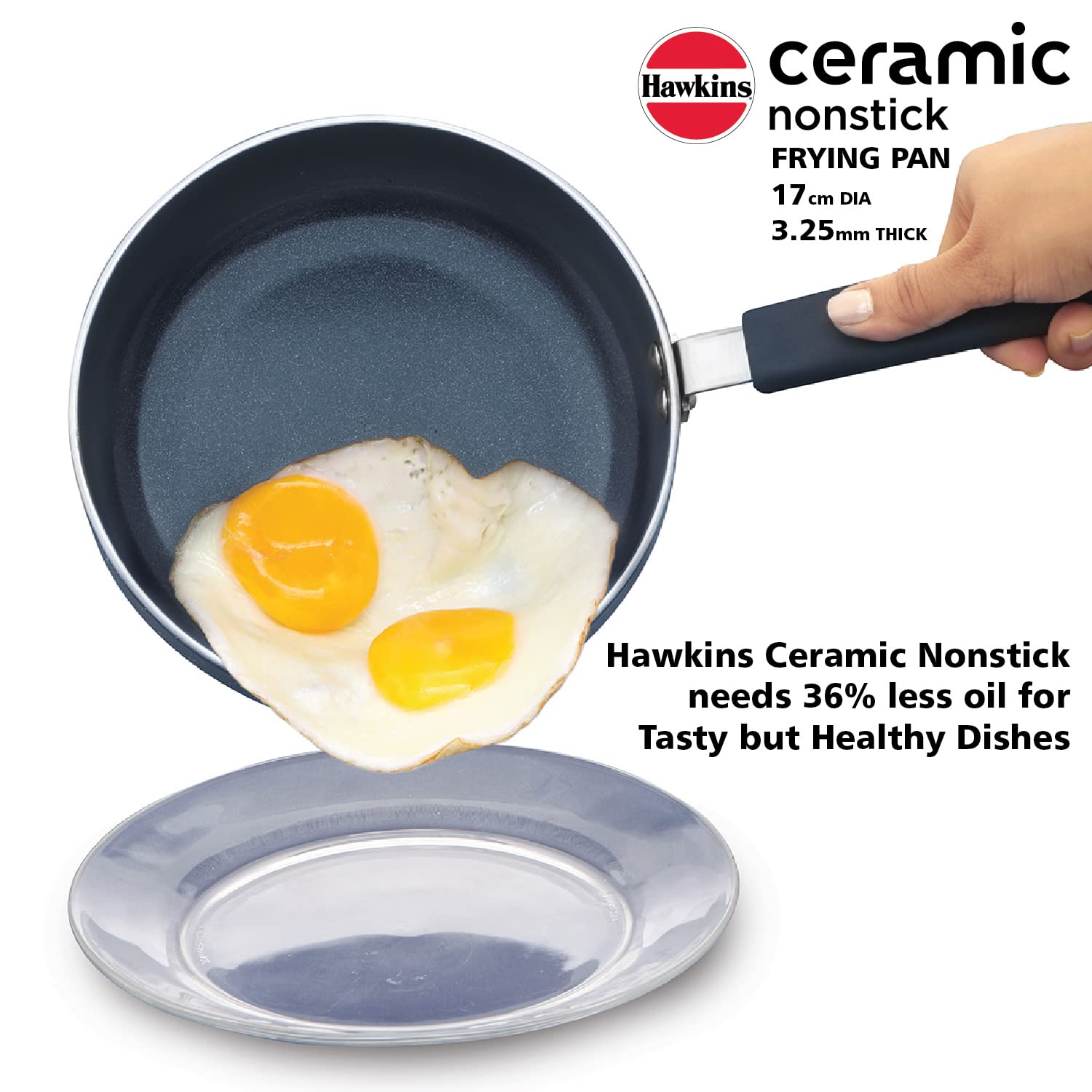 Hawkins Ceramic Nonstick Frying Pan, Small Cooking Pan, 17 Cm Diameter, Induction Fry Pan With Glass Lid, Granite Omlette Egg Pa