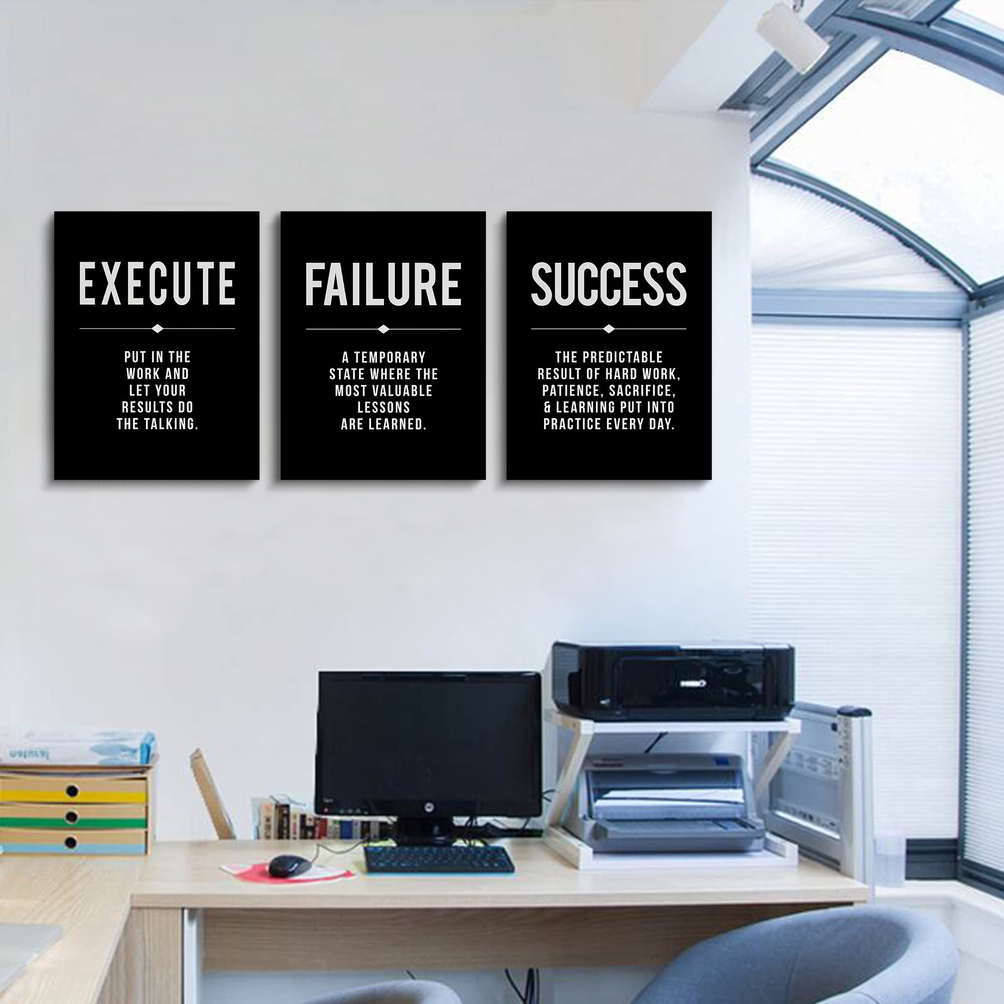Framed Canvas Wall Art Success Quote For Office, Black Large Positive Motivational Poster, Set Of 3, Execute Failure Definition,