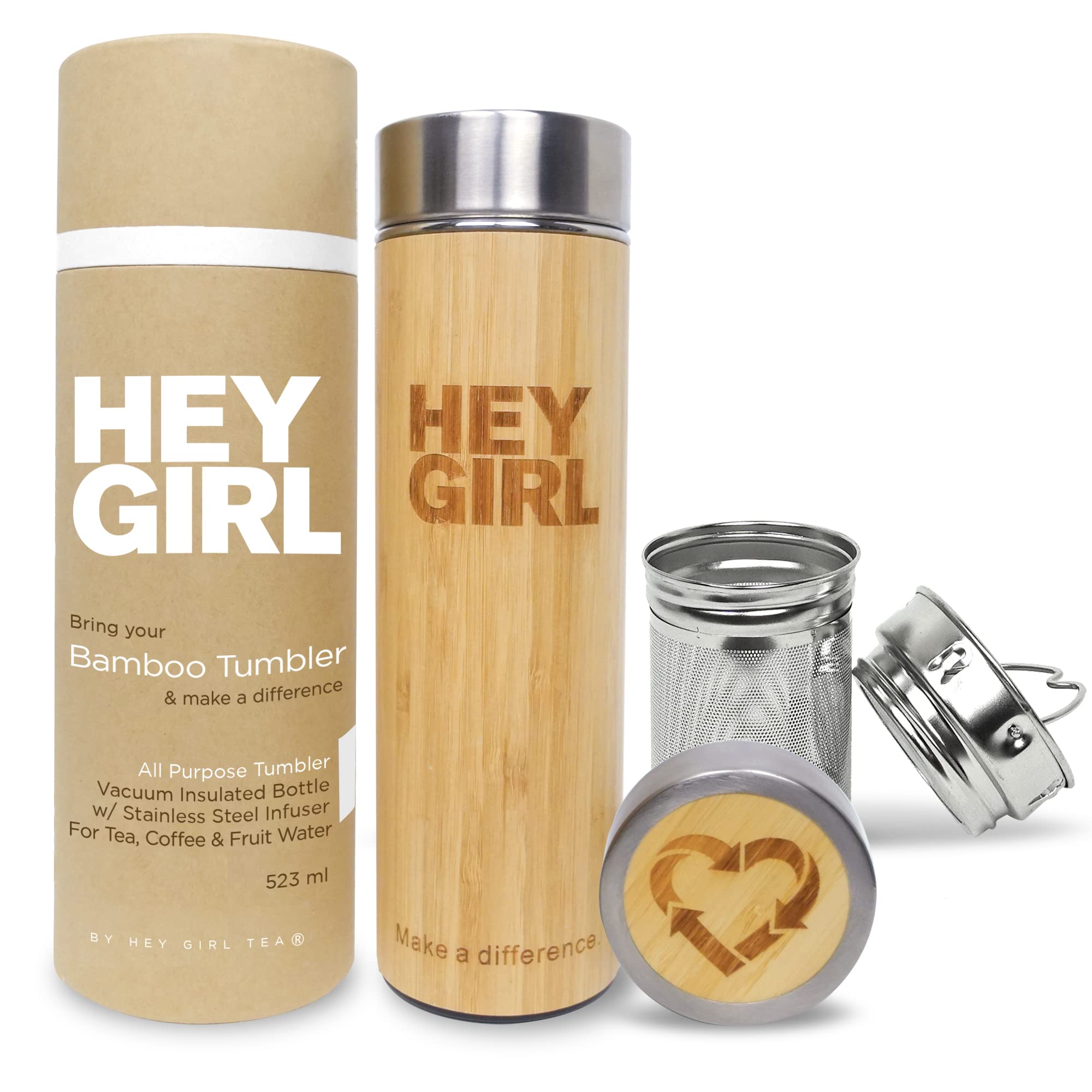 Hey Girl Bamboo Tea Infuser Bottle With Tea Strainer - Insulated Stainless Steel Water Bottle For Loose Leaf Tea & Coffee - Tea