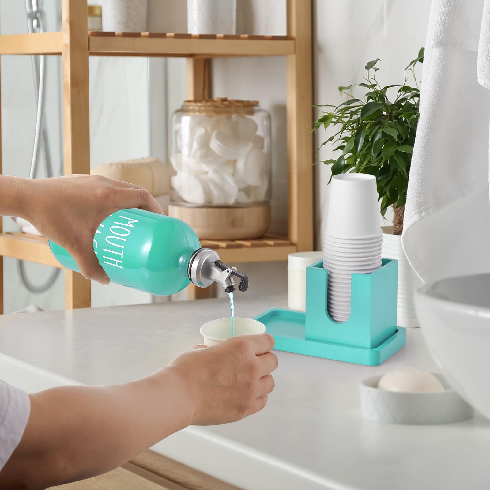 Turquoise Mouthwash Dispenser For Bathroom, 16 Oz Glass Mouthwash Dispenser With Wood Cup Holder And Tray, Mouth Wash Bottle Con