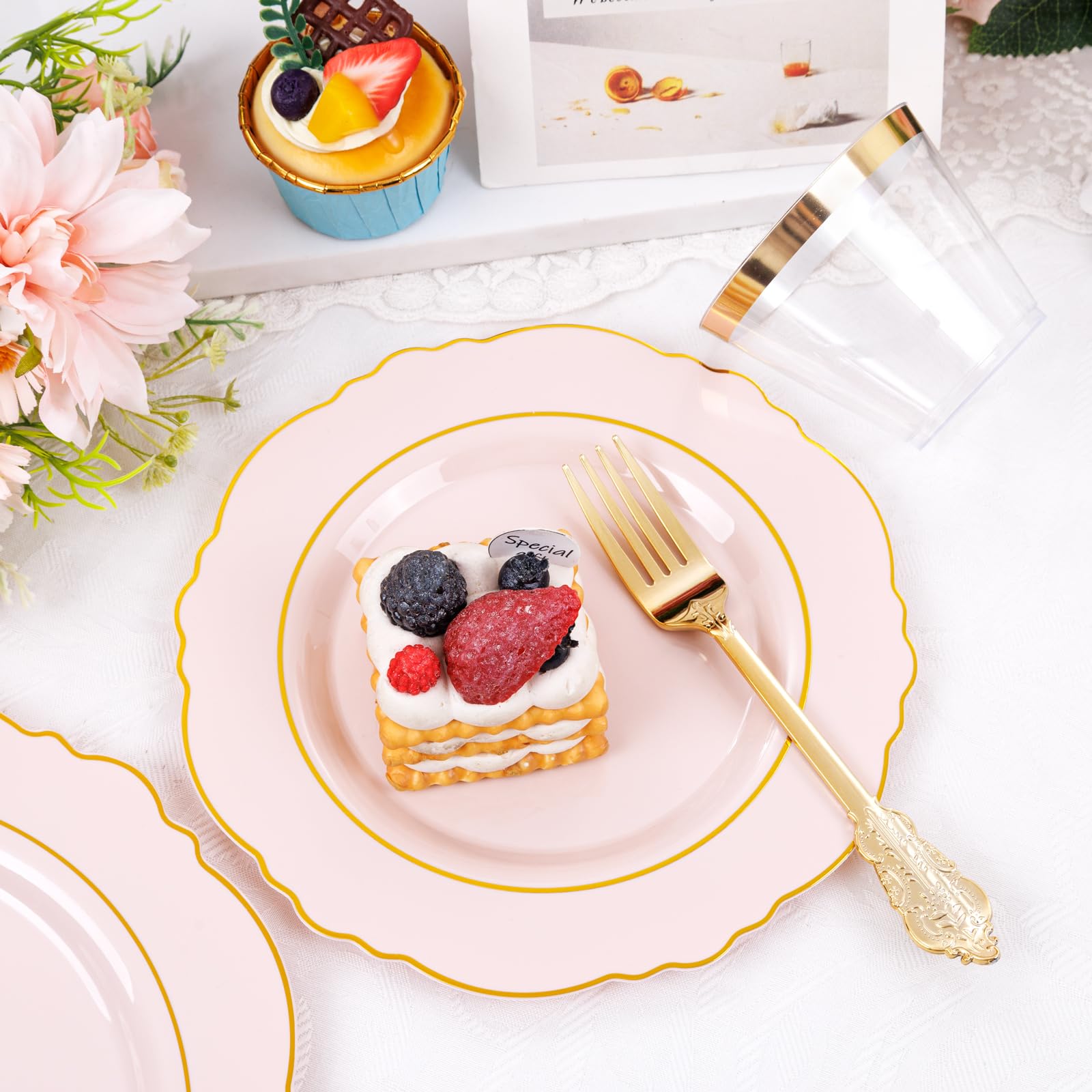 Liacere 350Pcs Pink Plates Disposable - Pink And Gold Plates 50Guest Baroque Plastic Dinnerware Include 100Plates, 50Pack Pre Ro