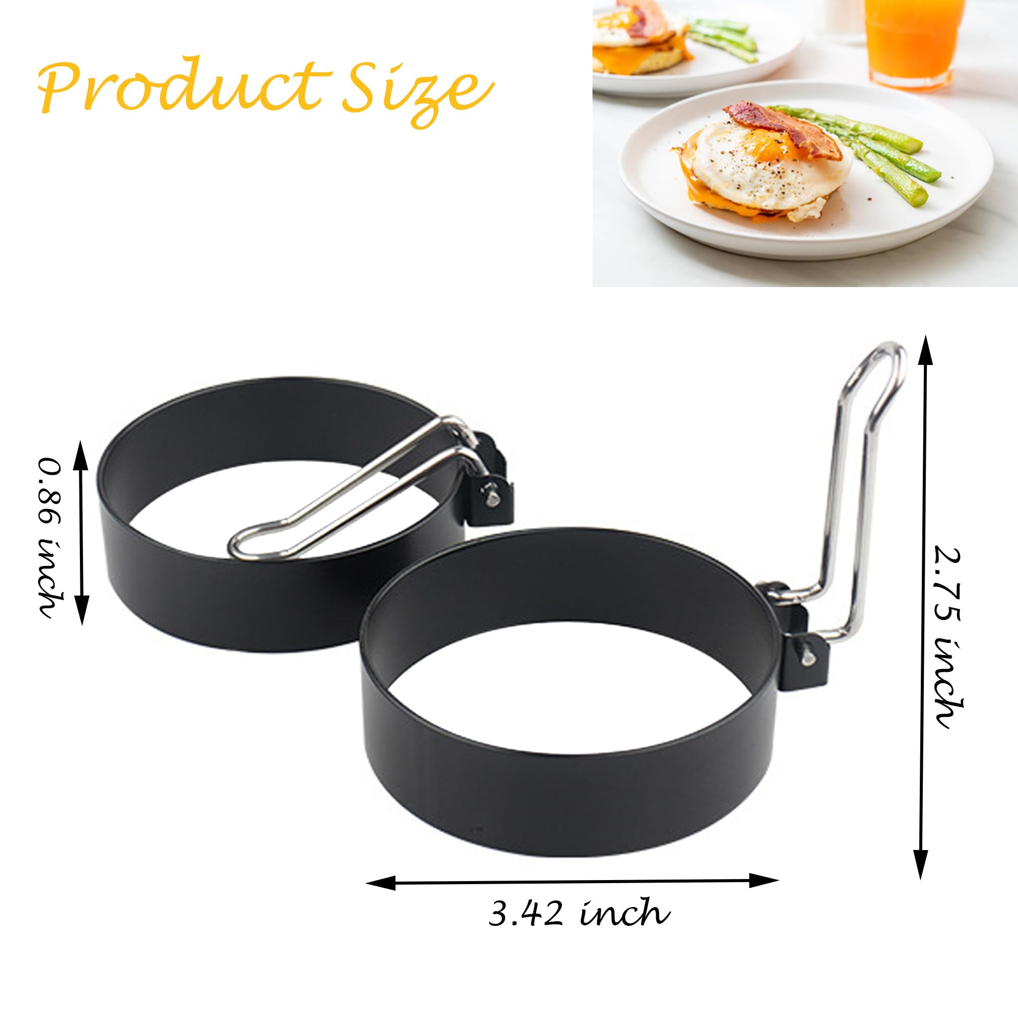 PCTC Nonstick Stainless Steel Egg Rings Set of 2 - Black Round Egg Cooker Molds for Perfect Breakfast Sandwiches