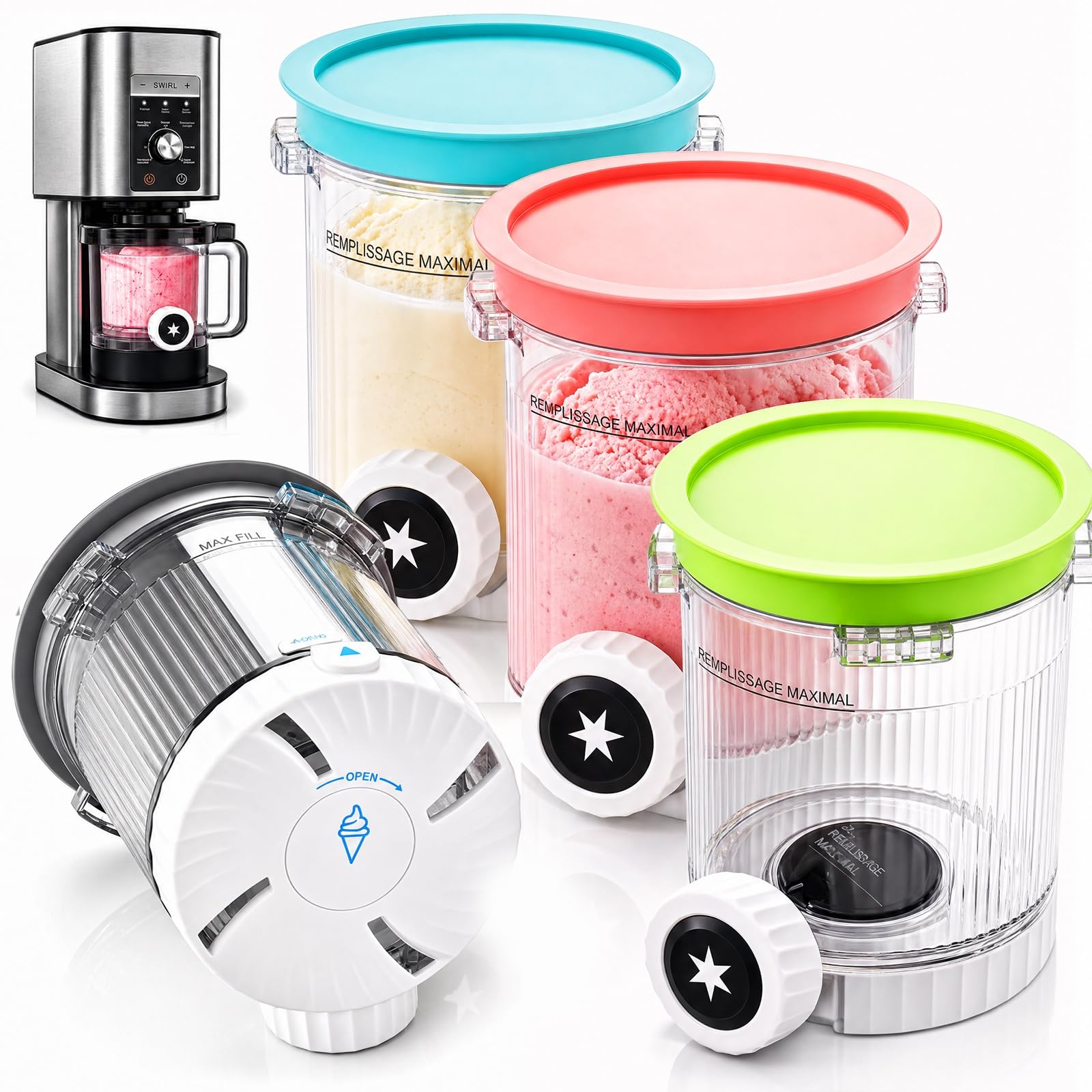 4-Pack Swirl Pints & Lids for Ninja CREAMi - Compatible with NC700/NC701, Replacement Creami Containers for Ice Cream & Soft-Ser