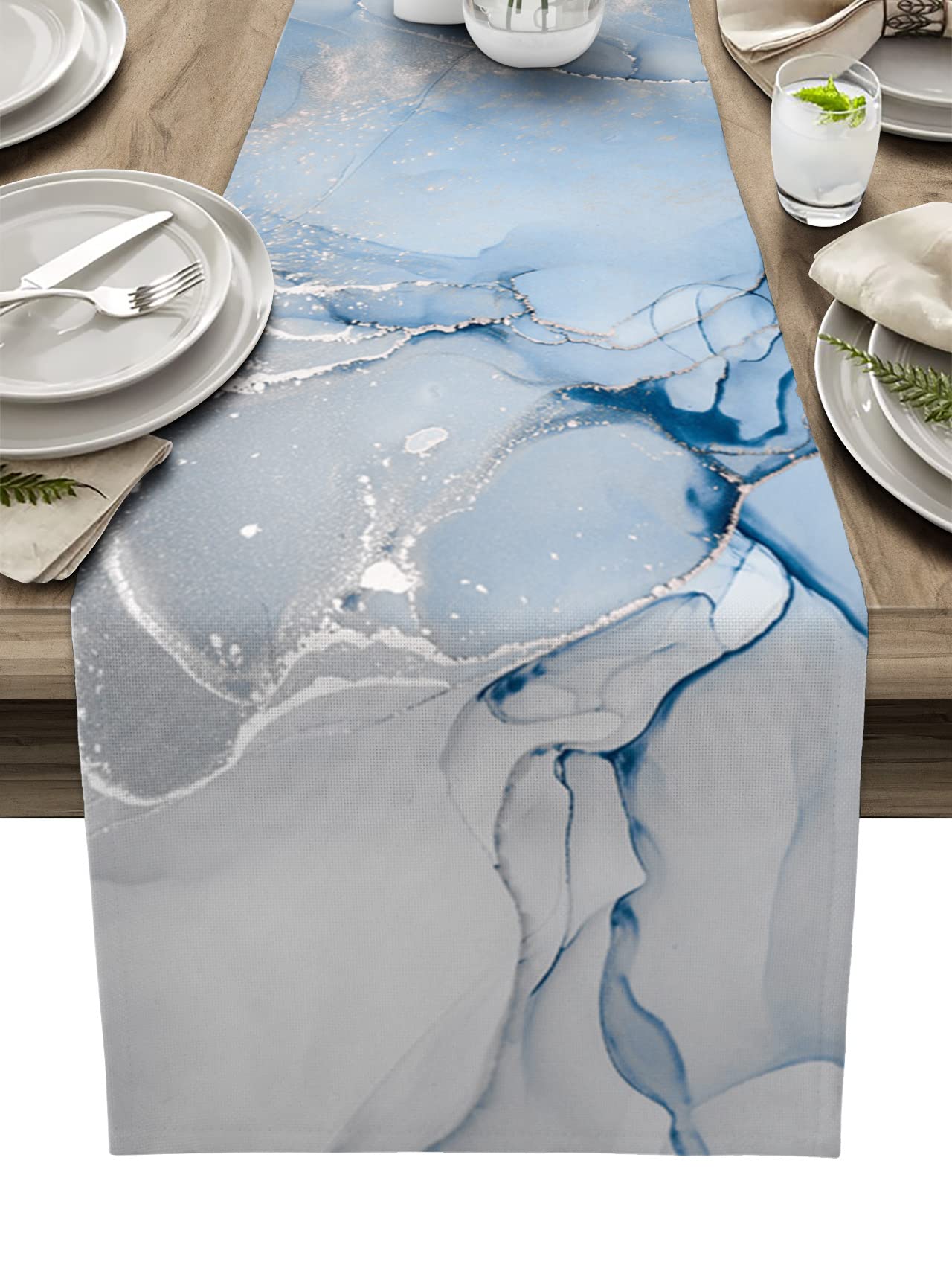 Zoe Garden Marble Table Runner 72 Inches Long - Ombre Blue Marble Grey Farmhouse Modern Kitchen Dining Burlap & Cotton Tablerunn
