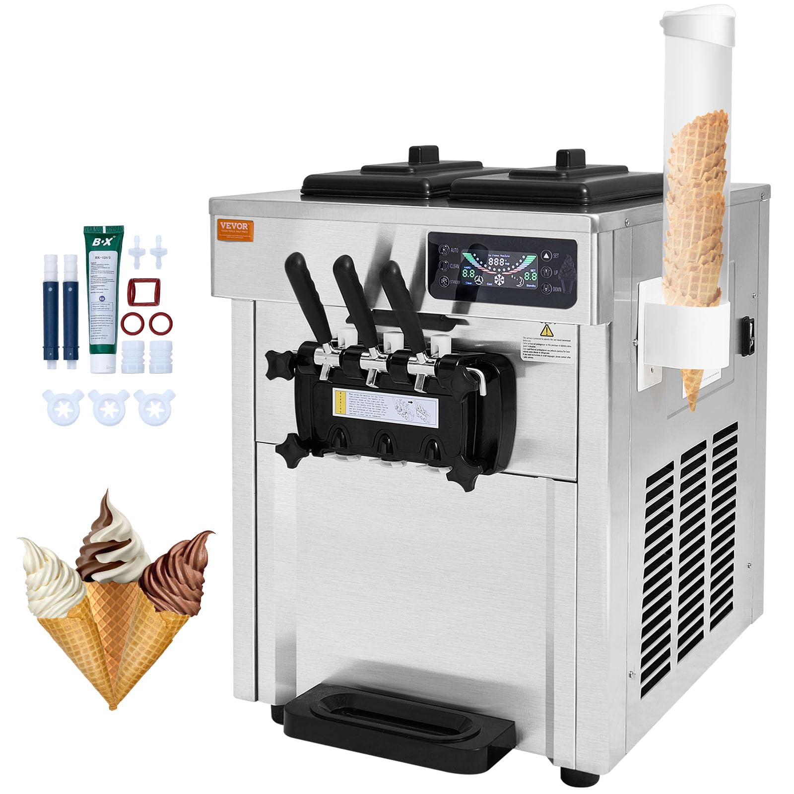 VEVOR Commercial Ice Cream Machine, 18-28 L/H Yield, 1850W 3-Flavor Countertop Soft Serve Ice Cream Maker, 2 x 5.5L Stainless St