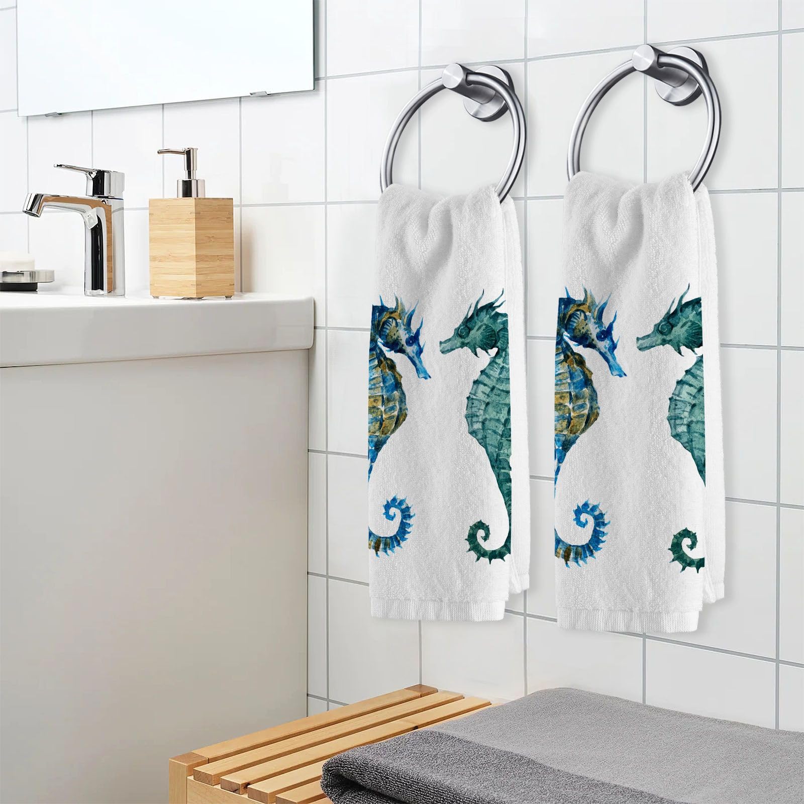 Alaza Ocean Seahorse Hand Towels For Bathroom Set Of 2,Coastal Beach Decorative Finger Towel 100% Cotton Soft Absorbent Face Tow