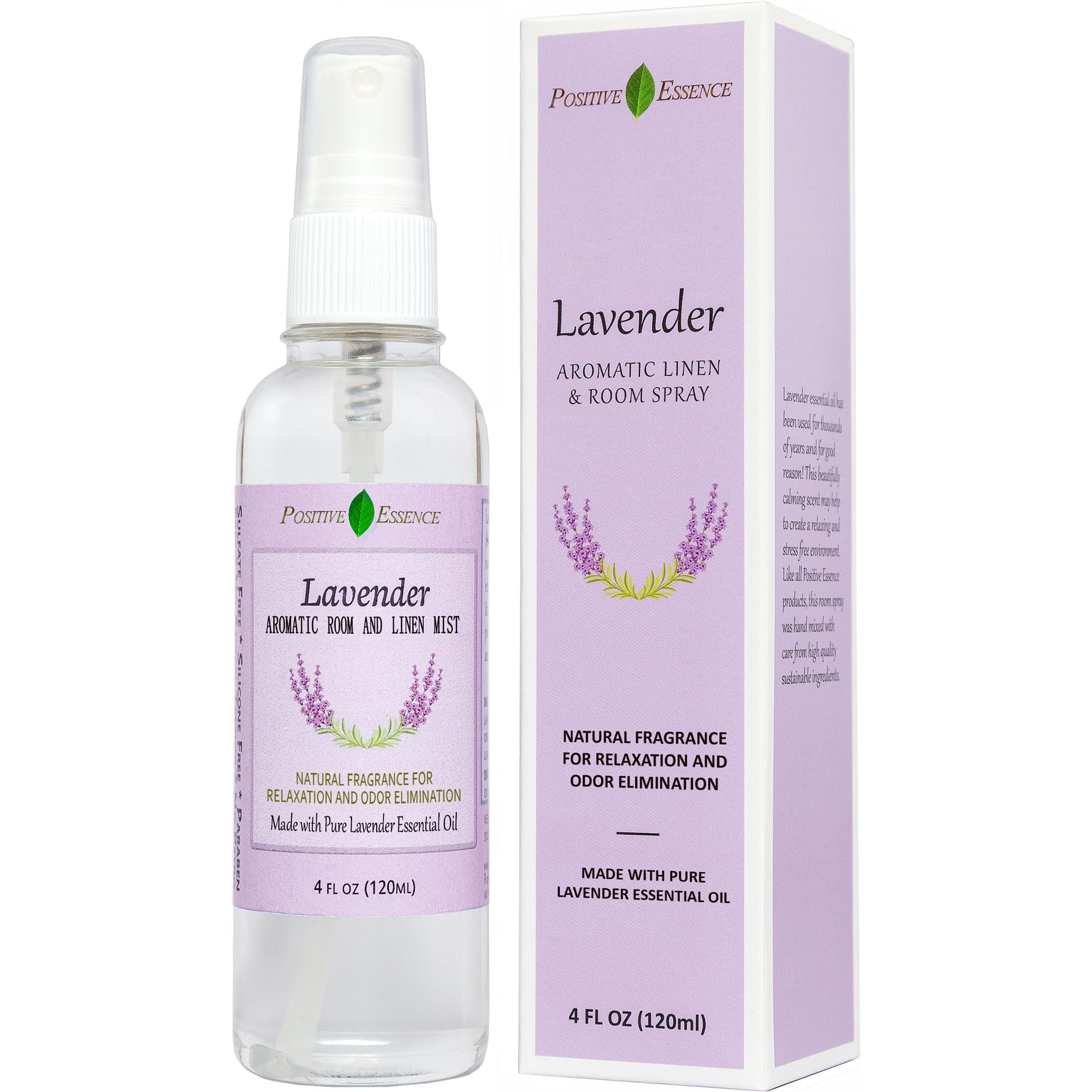 Positive Essence Lavender Linen Spray, 4 Fl Oz - Natural Aromatherapy Fabric Spray for Relaxation & Odor Elimination