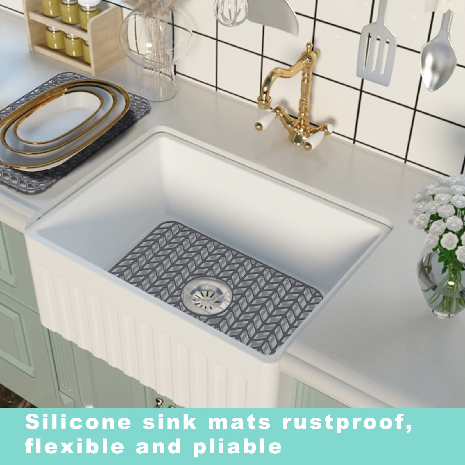 AWOKE Sink Protectors for Kitchen Sink  16.2''x 12.5'' Kitchen Sink Mats for Bottom of Kitchen Sink  Sink Inserts for Kitchen Sink of Stainless Steel Sink  Center Drain (Grey)