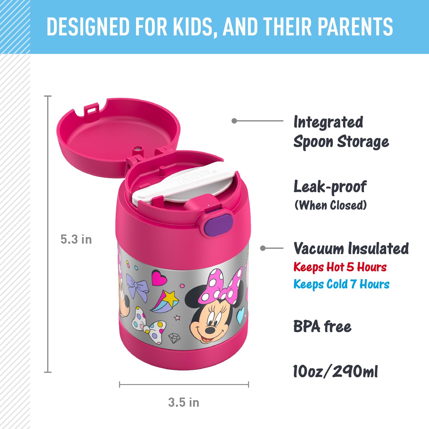 Thermos Funtainer Insulated Food Jar, 10 Ounce, Kid Friendly Food Jar With Foldable Spoon, Preschool Minnie