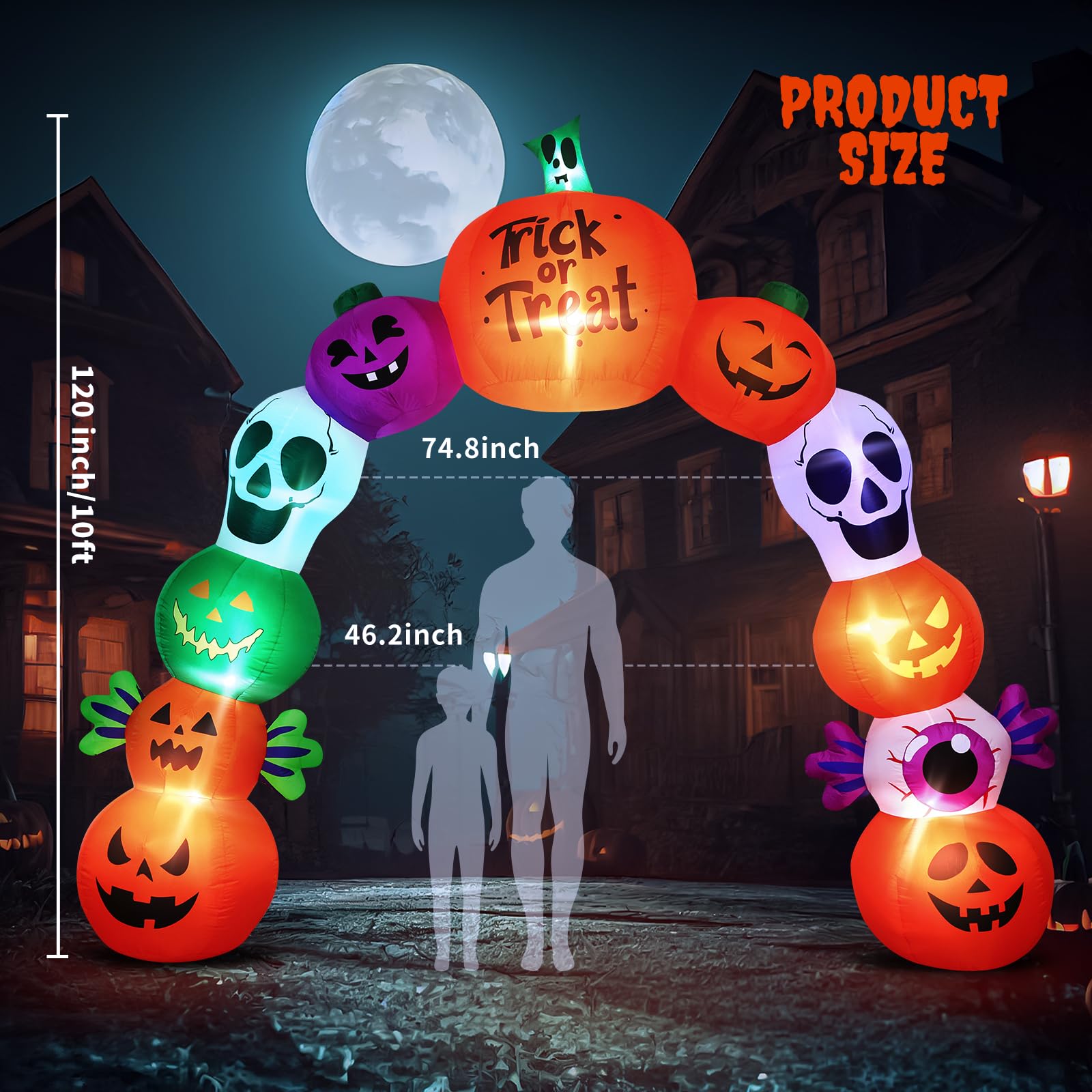 10FT Halloween Inflatables Pumpkin Skeleton Archway with Built-in LED Lights - Blow Up Yard Decoration with Candy Pumpkins for I