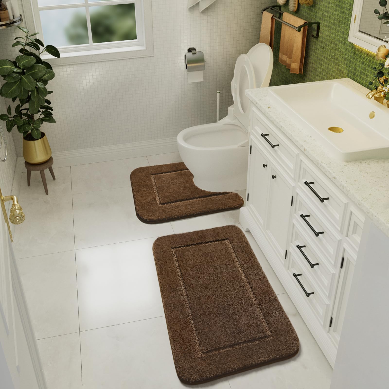 Lochas Bathroom Rug Set Light Brown, Soft Bath Rug Set 2 Piece Set, Toilet Mat U-Shaped 20X20 And 34X20 Bathroom Rugs, Quickly D