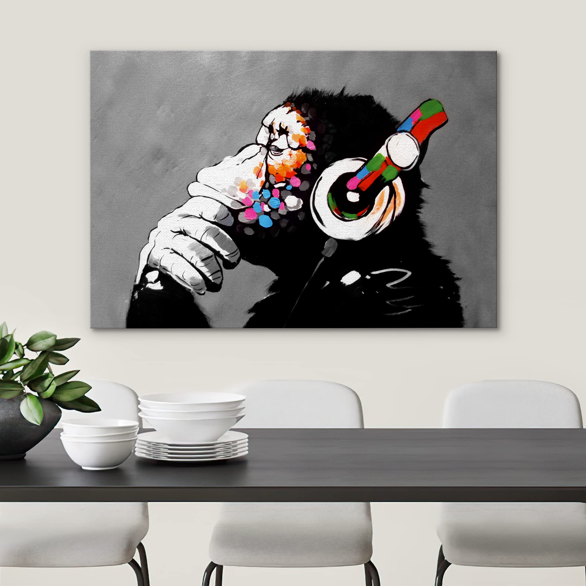 Signwin Framed Canvas Wall Art Banksy Thinking Monkey With Headphones Graffiti & Street Art Famous People Pop Art Modern Urban M
