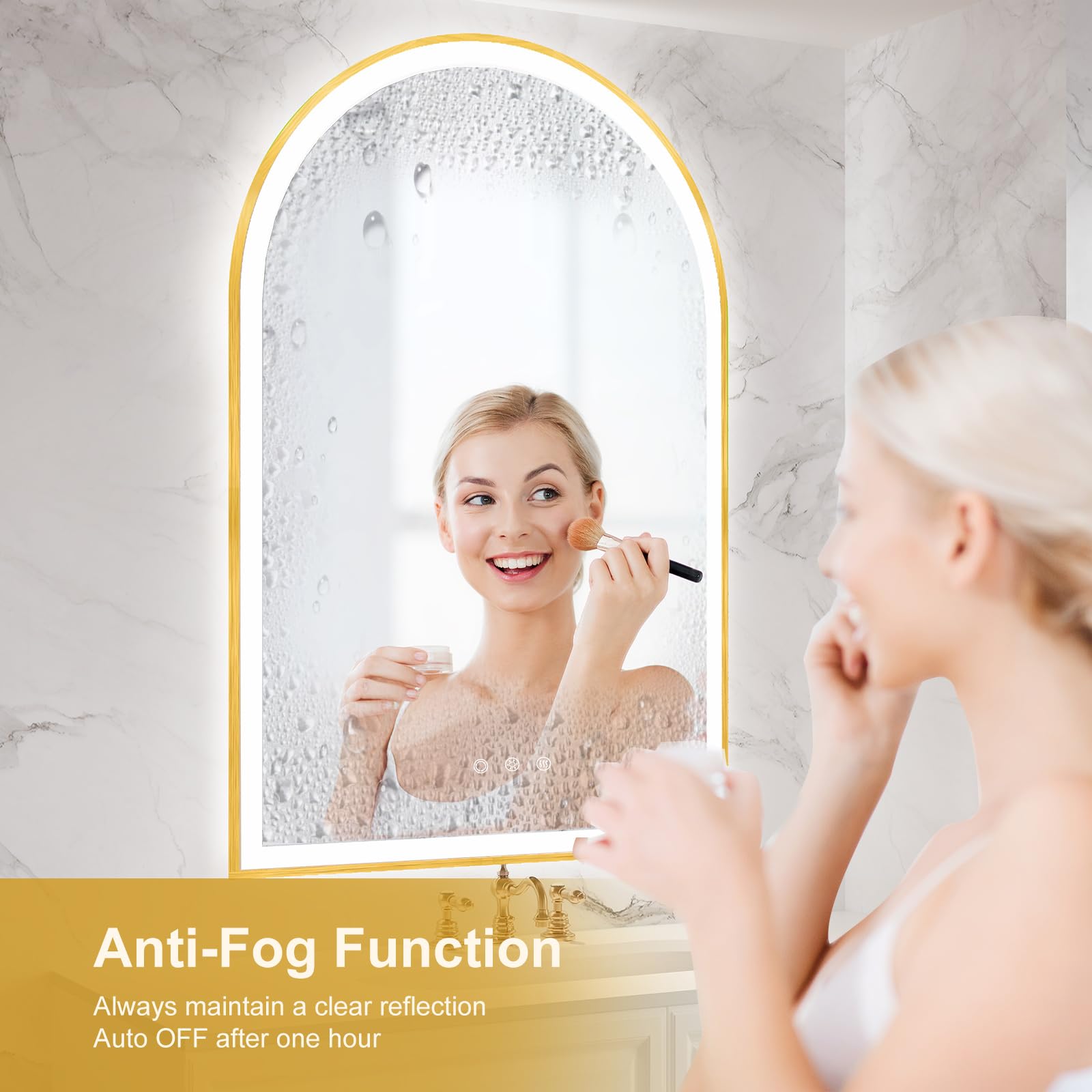 Oumusu Arched Led Bathroom Mirror 24''X36'' With Front And Backlight, Gold Bathroom Mirror With Lights-Anti-Fog, Dimmable-Led Mi